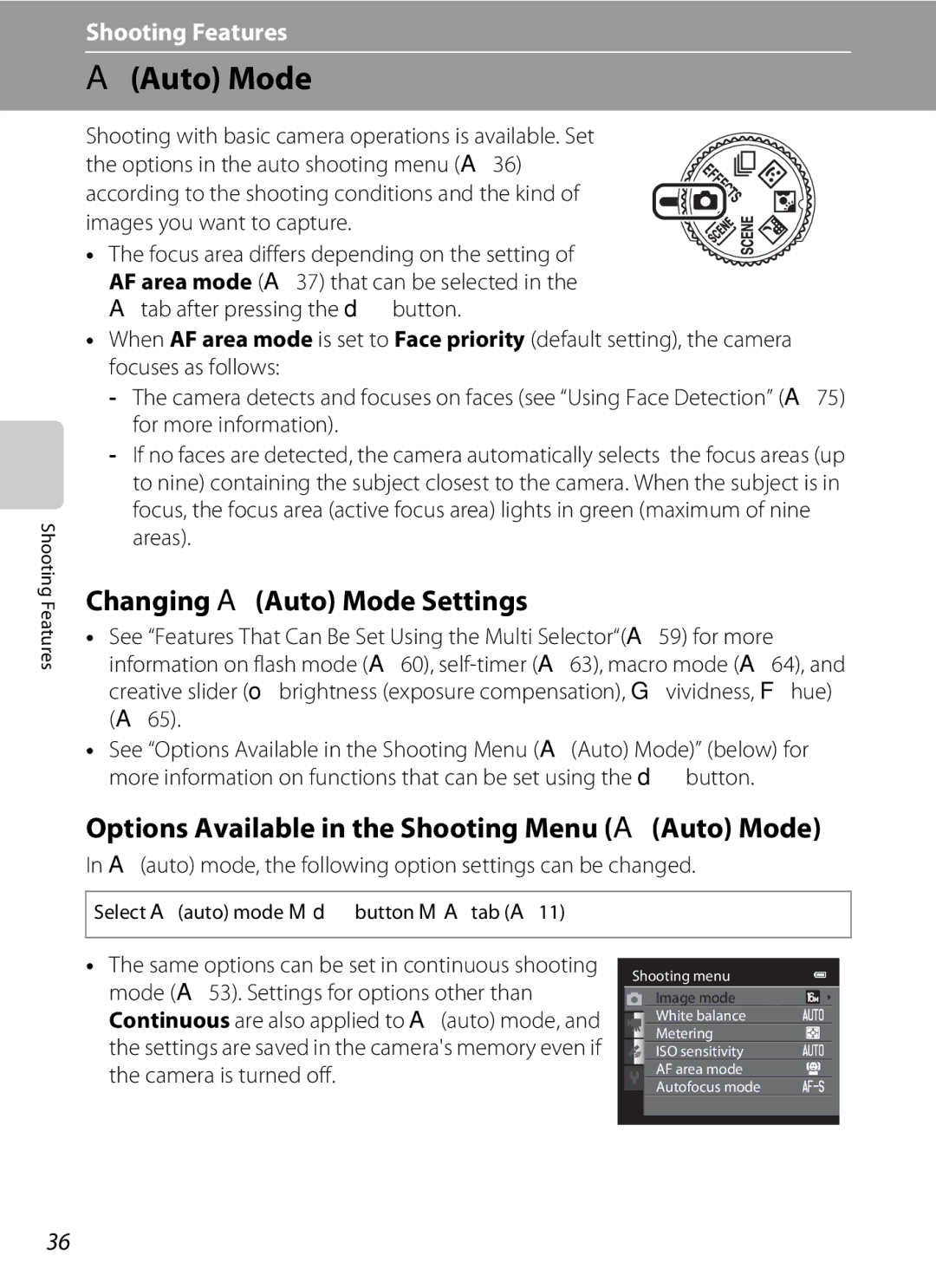 Nikon S9200, COOLPIXS9300SIL manual Changing AAuto Mode Settings, Options Available in the Shooting Menu AAuto Mode 