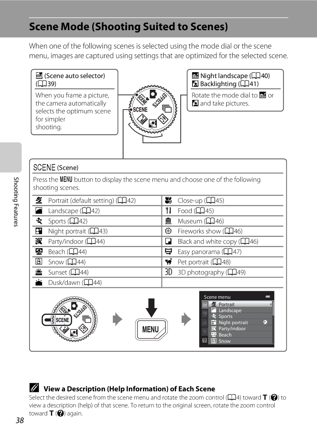 Nikon COOLPIXS9300SIL, S9200 manual Scene Mode Shooting Suited to Scenes, View a Description Help Information of Each Scene 