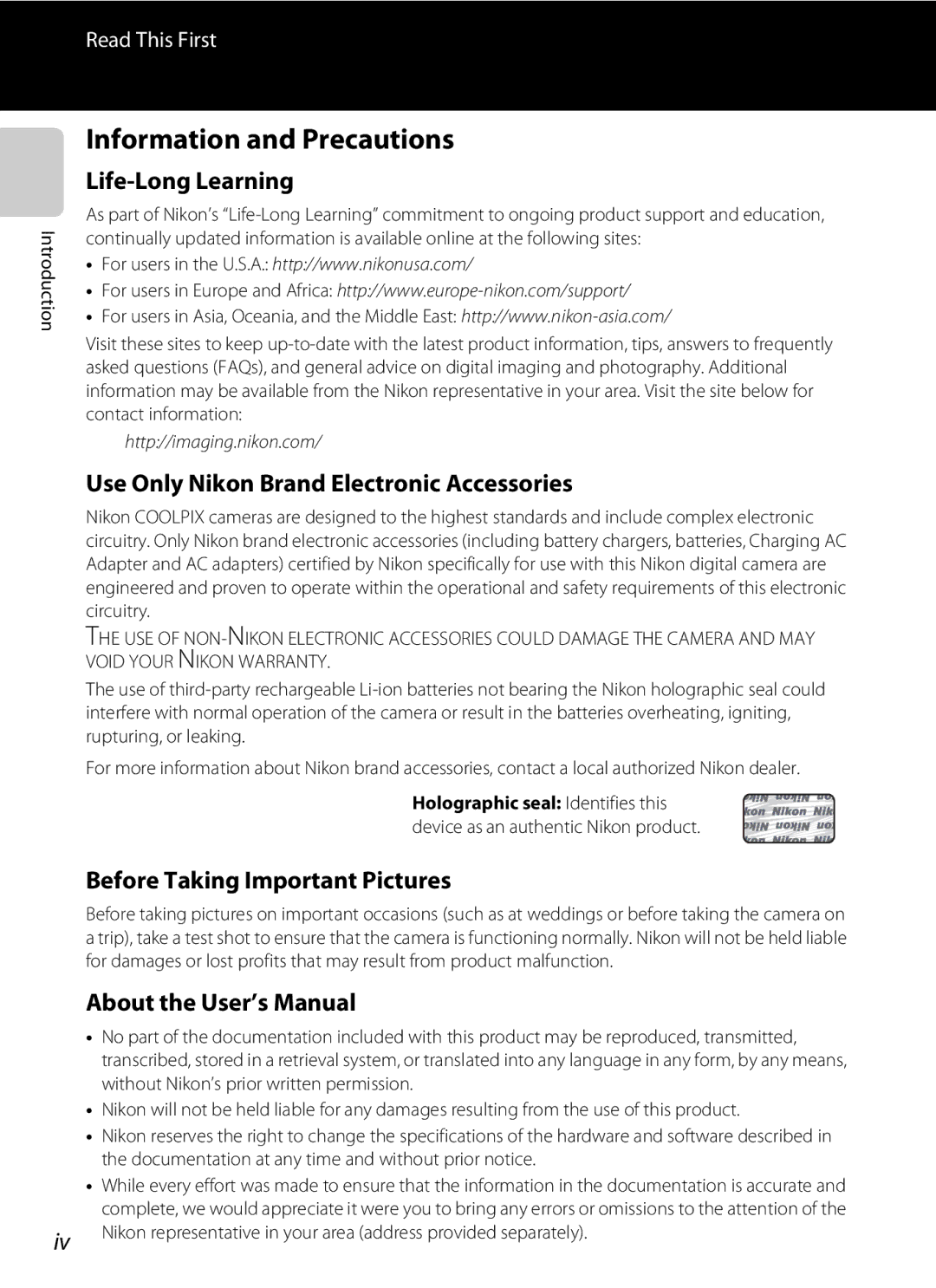 Nikon S9200, COOLPIXS9300SIL Information and Precautions, Life-Long Learning, Use Only Nikon Brand Electronic Accessories 