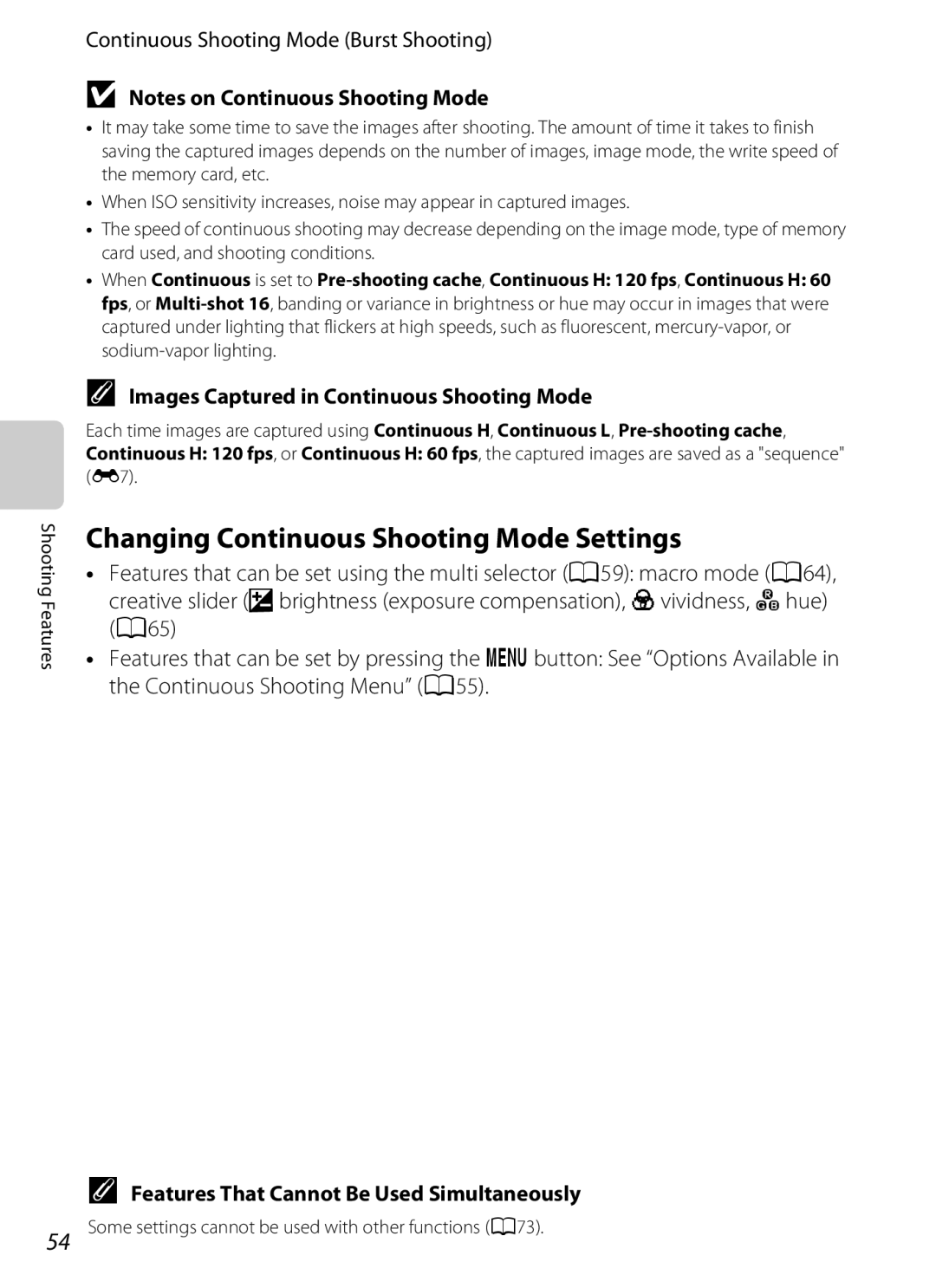 Nikon COOLPIXS9300SIL, S9200 manual Changing Continuous Shooting Mode Settings, Continuous Shooting Mode Burst Shooting 