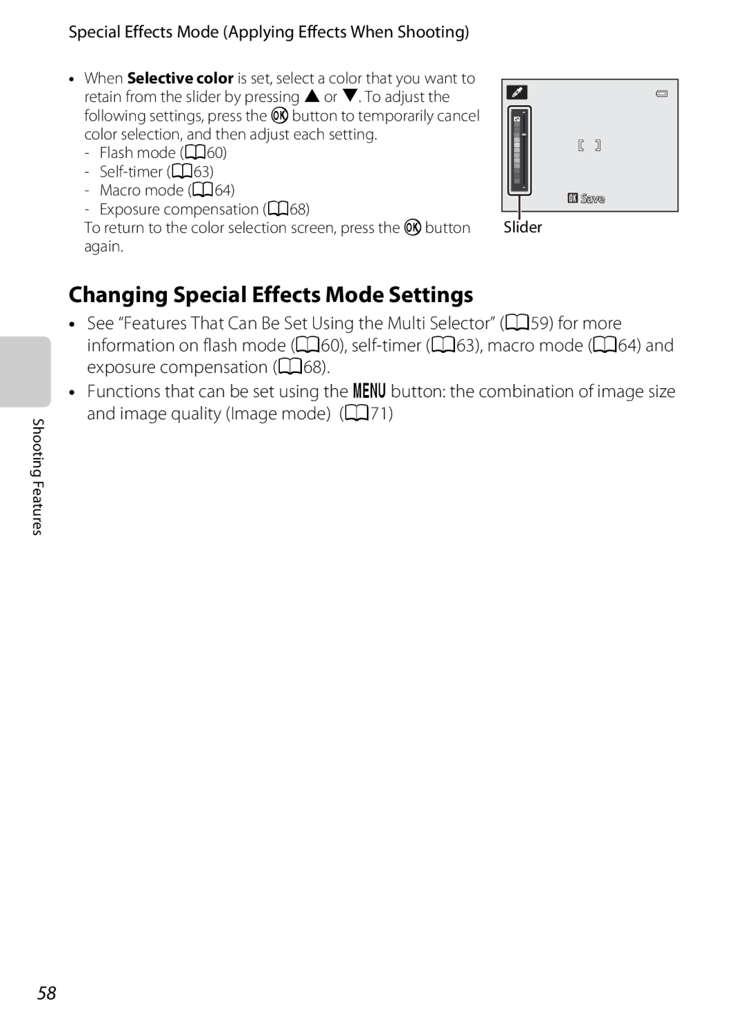 Nikon COOLPIXS9300SIL Changing Special Effects Mode Settings, Special Effects Mode Applying Effects When Shooting, Slider 