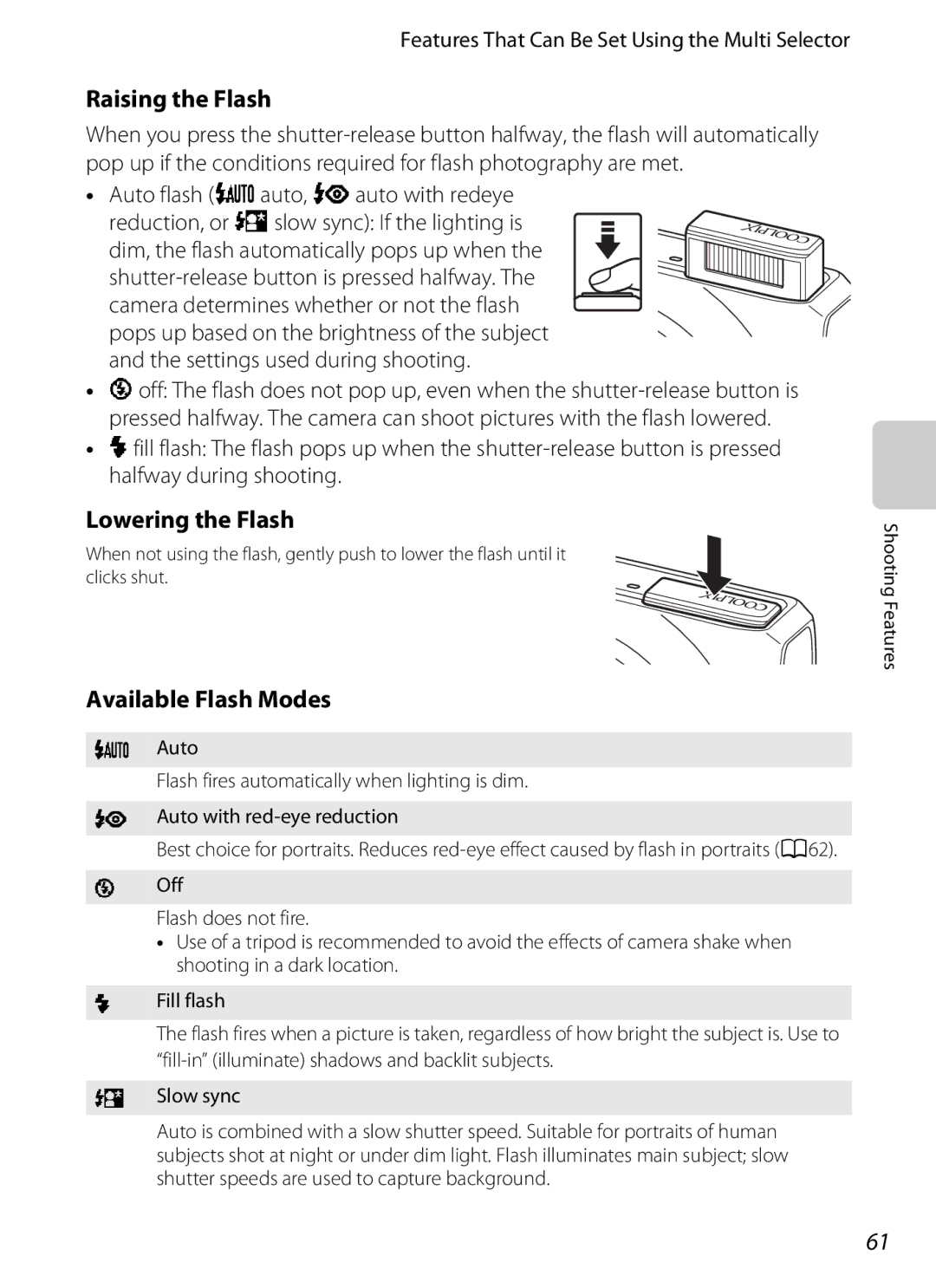 Nikon COOLPIXS9300BLK Raising the Flash, Lowering the Flash, Available Flash Modes, Auto flash U auto, V auto with redeye 