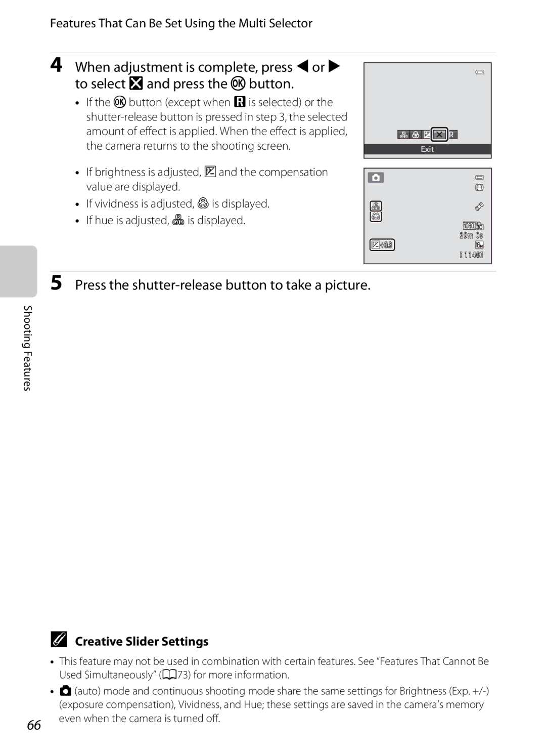 Nikon COOLPIXS9300SIL, S9200, COOLPIXS9300BLK Press the shutter-release button to take a picture, Creative Slider Settings 