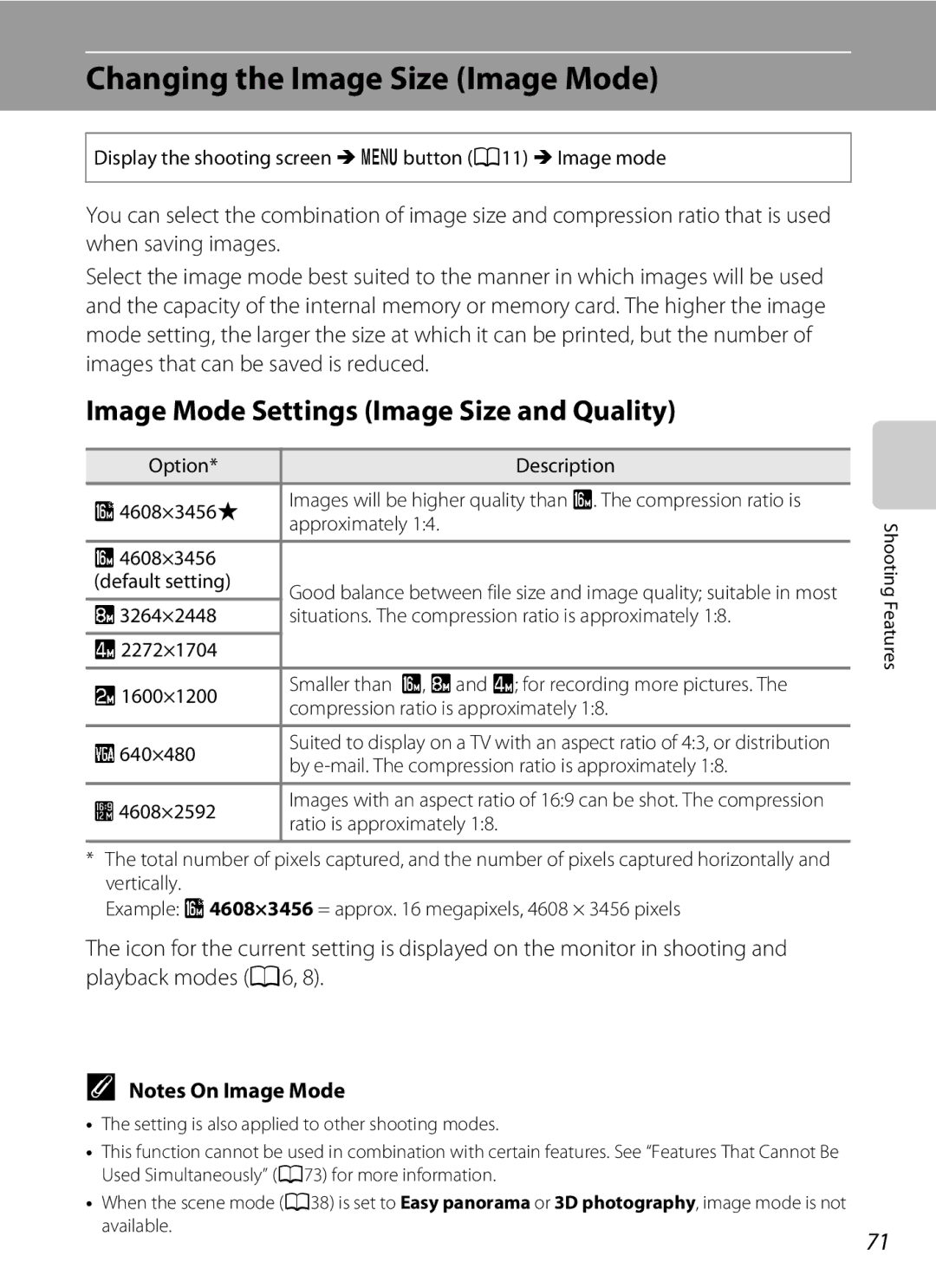 Nikon COOLPIXS9300SIL, S9200 manual Changing the Image Size Image Mode, Image Mode Settings Image Size and Quality 