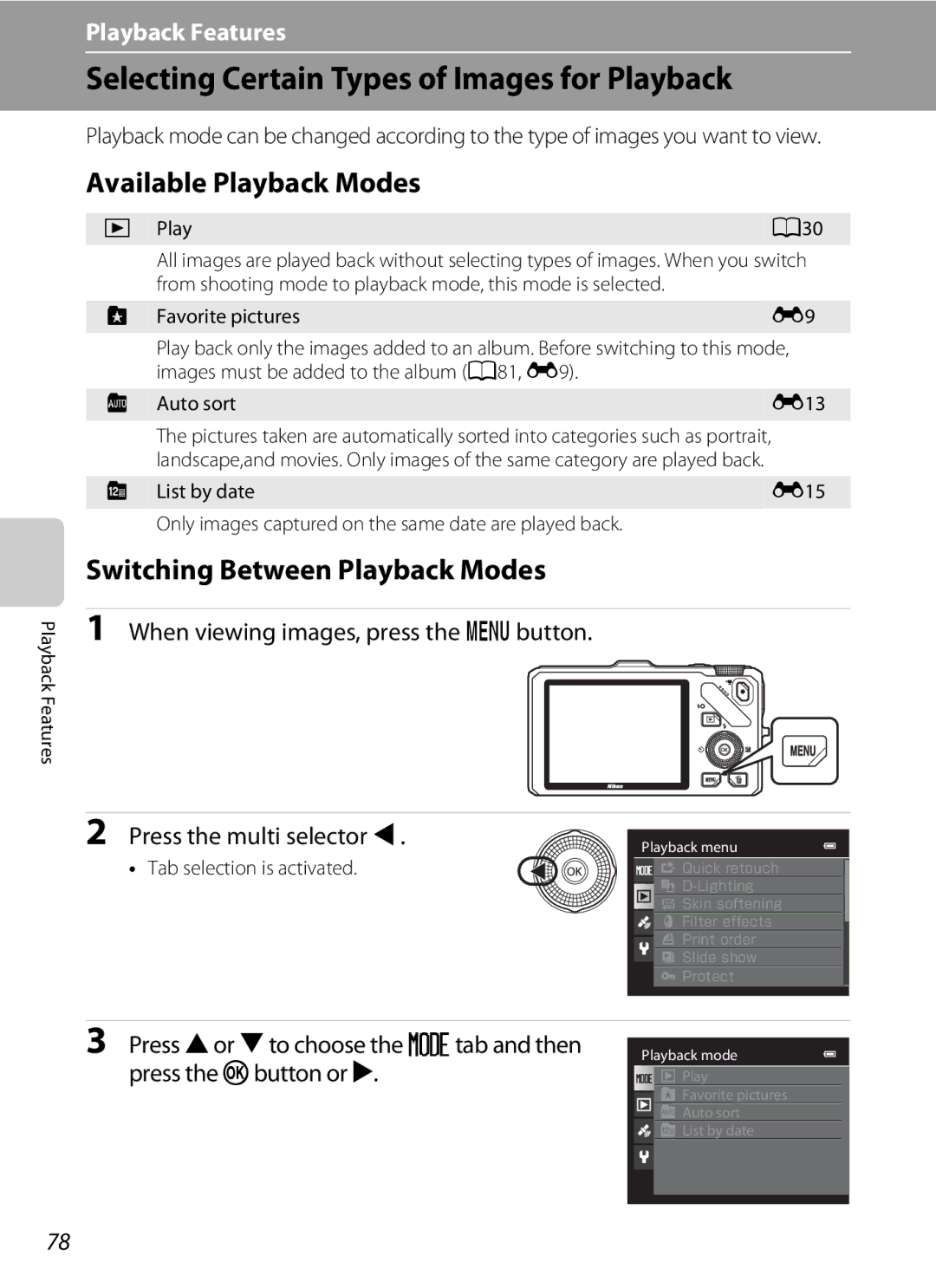 Nikon COOLPIXS9300SIL, S9200 manual Selecting Certain Types of Images for Playback, Available Playback Modes, Play A30 