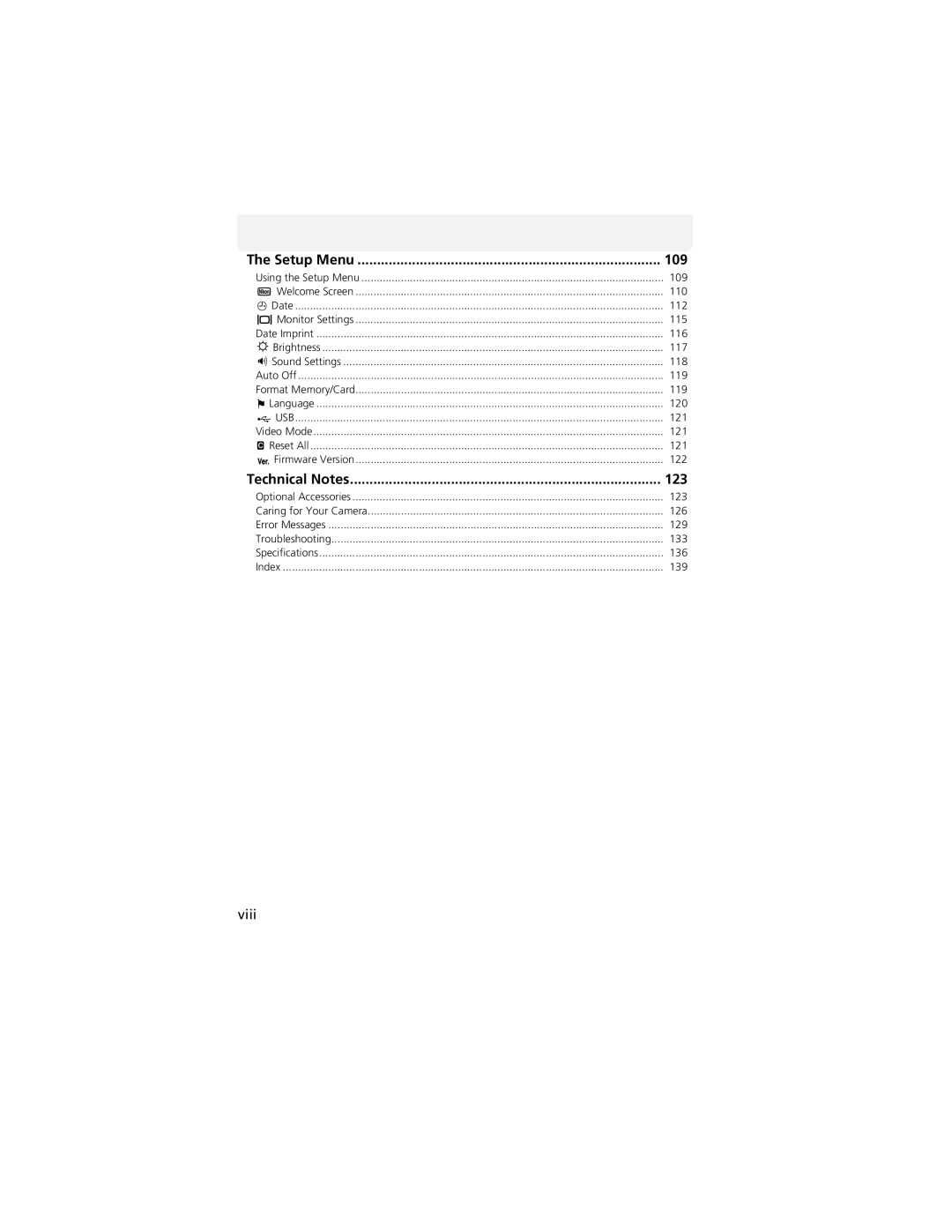 Nikon CP4200 manual Setup Menu, Technical Notes, Viii, 109, 123 