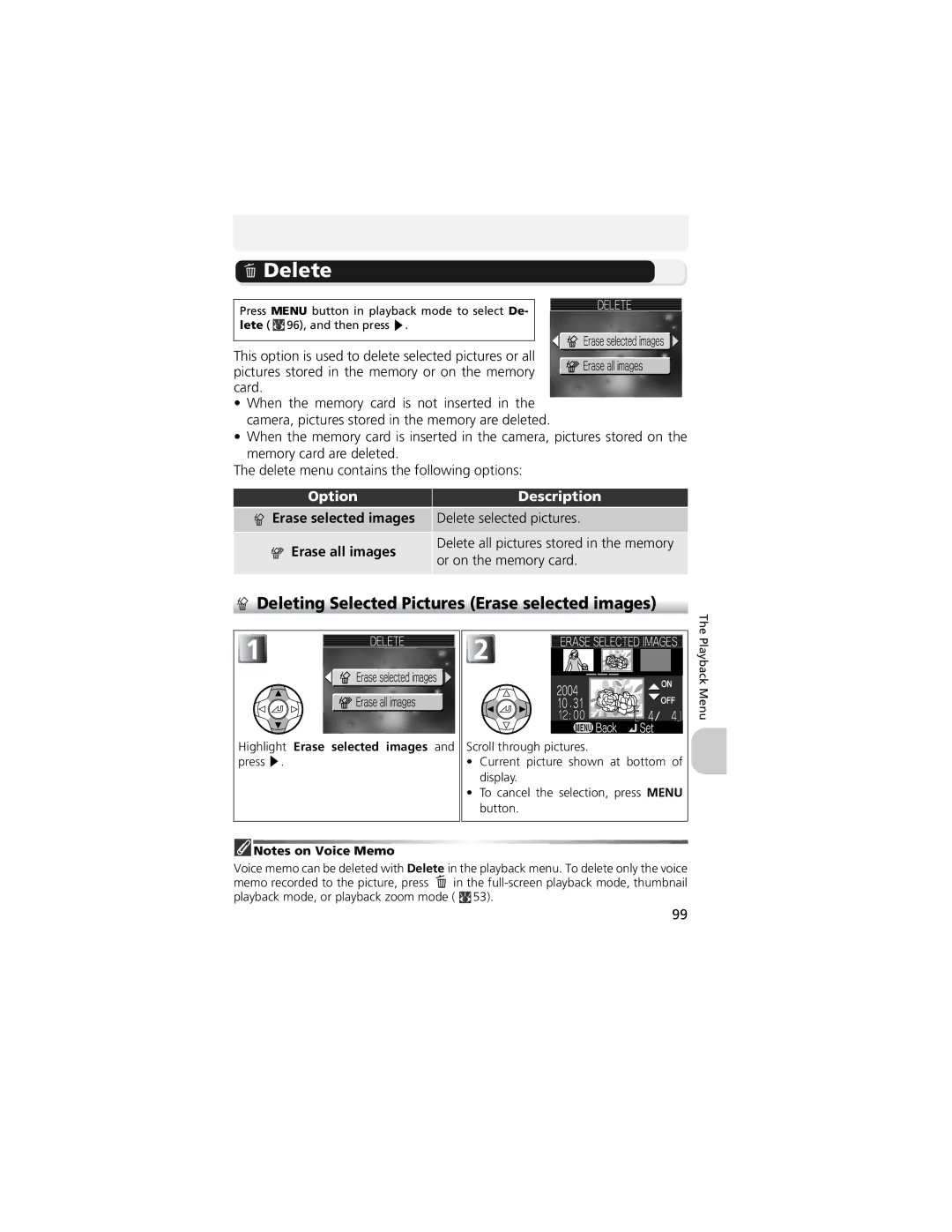 Nikon CP4200 manual Deleting Selected Pictures Erase selected images, Delete selected pictures, Or on the memory card 