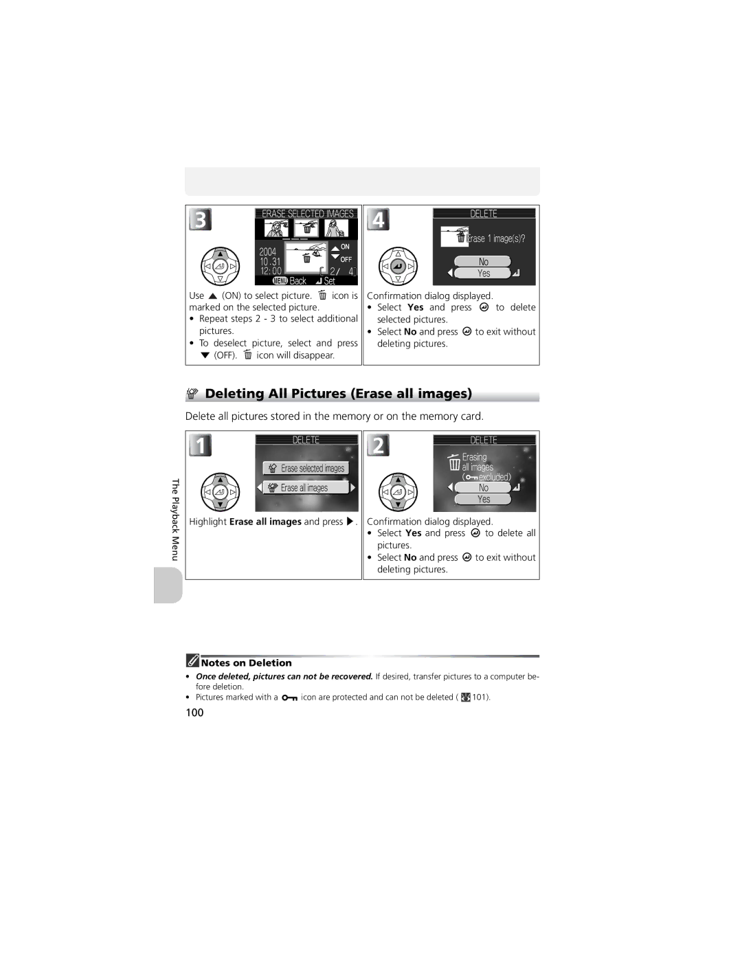 Nikon CP4200 manual Deleting All Pictures Erase all images, 100 