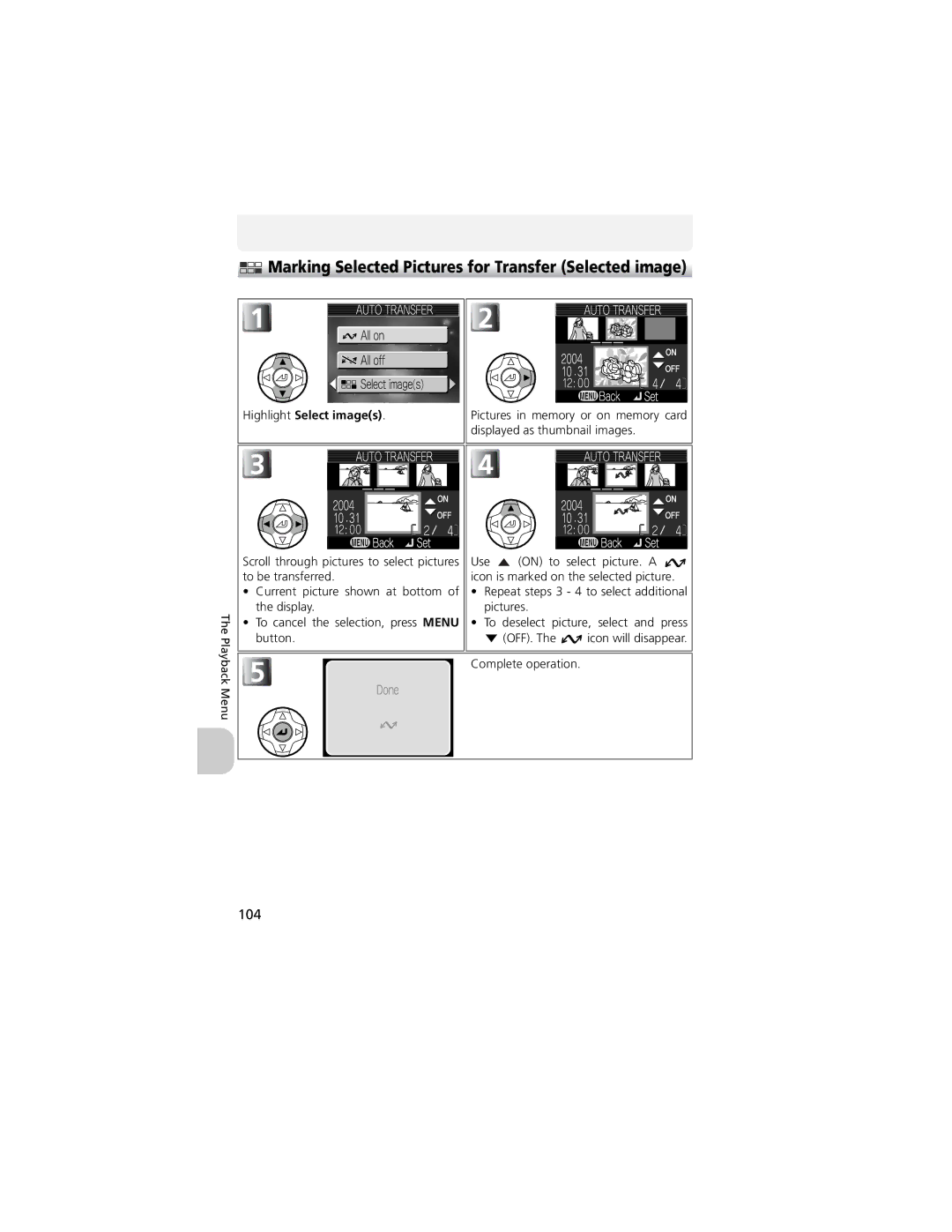 Nikon CP4200 manual Marking Selected Pictures for Transfer Selected image, 104 