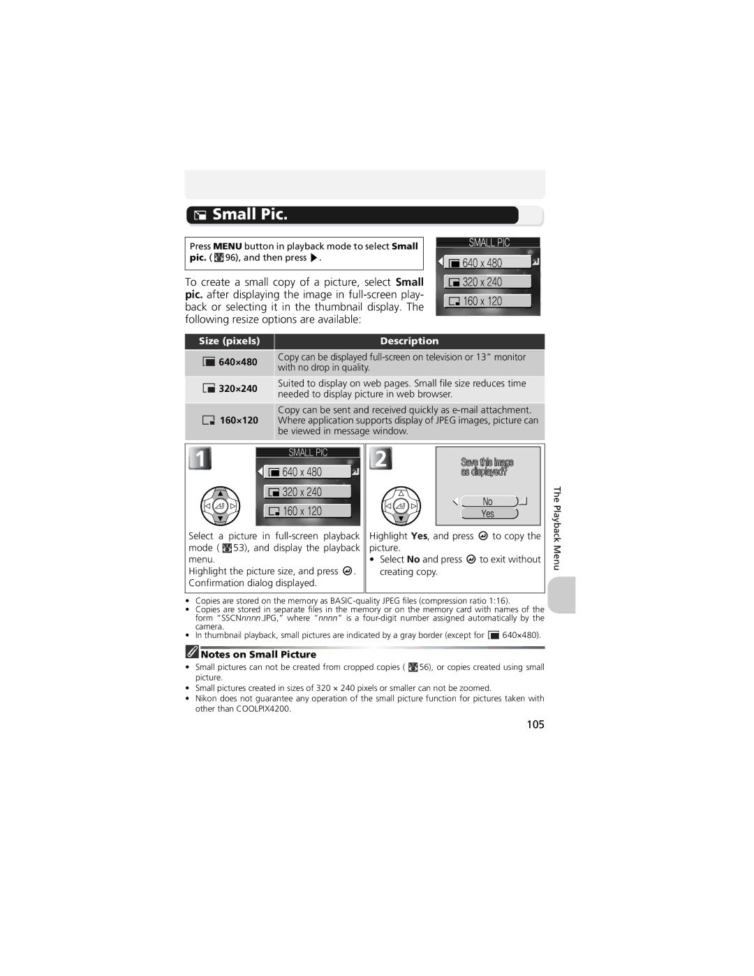 Nikon CP4200 manual Small Pic, 105, 640×480, 320×240, 160×120 