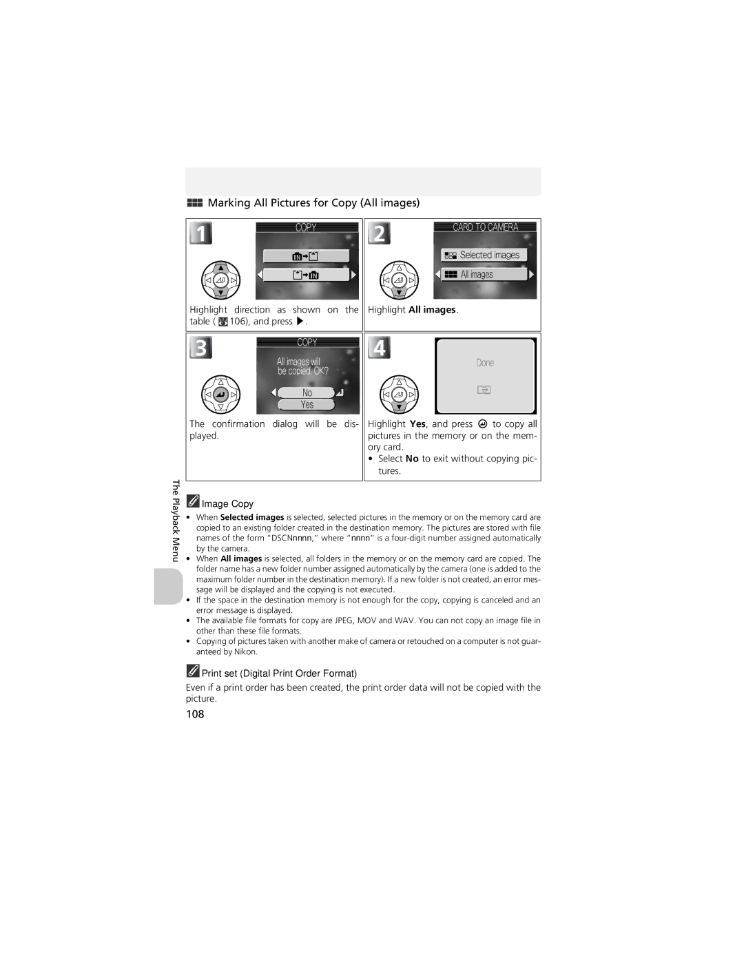 Nikon CP4200 manual Marking All Pictures for Copy All images, 108, Image Copy, Print set Digital Print Order Format 