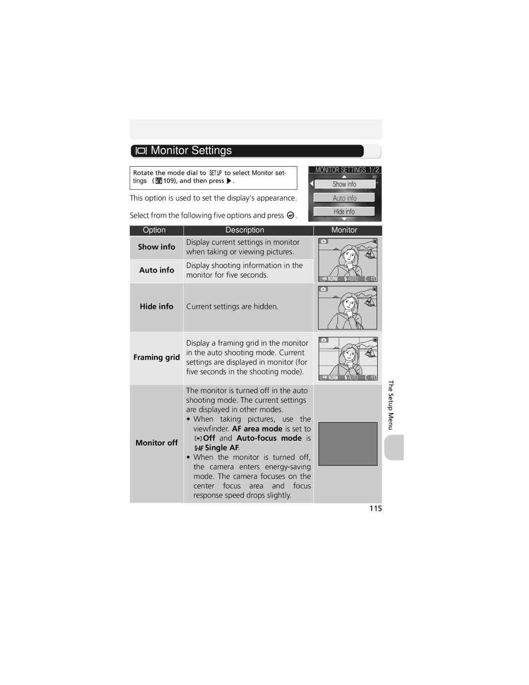 Nikon CP4200 manual Monitor Settings, Option Description Monitor 