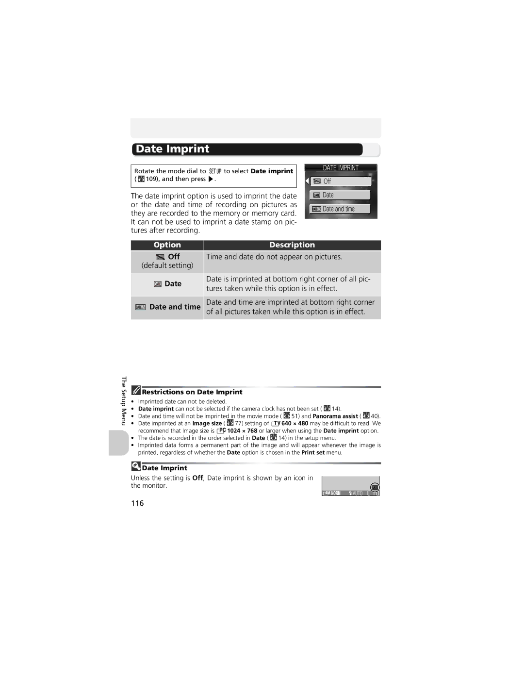 Nikon CP4200 manual Date Imprint, Date and time 