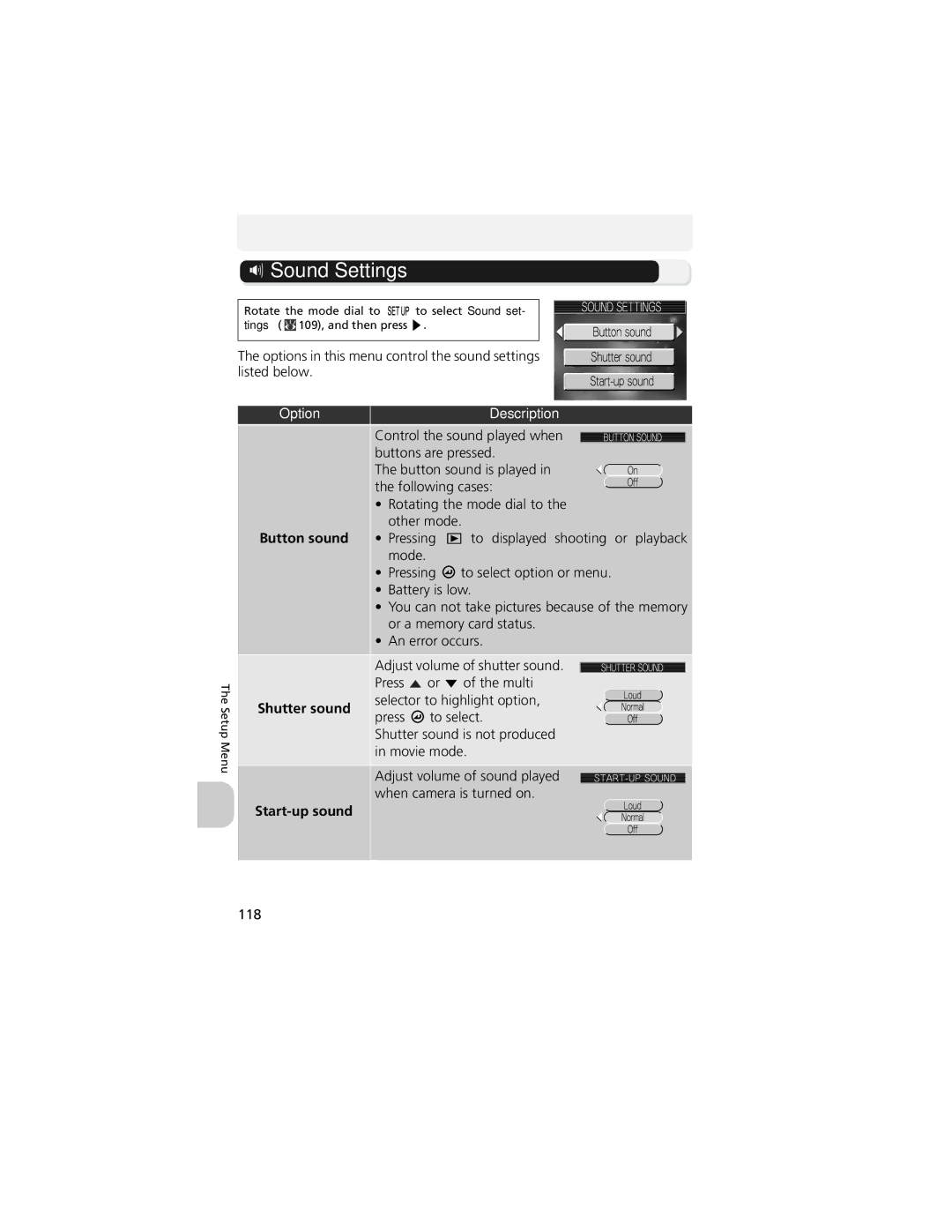 Nikon CP4200 manual Sound Settings, Shutter sound, Selector to highlight option, Start-up sound, 118 