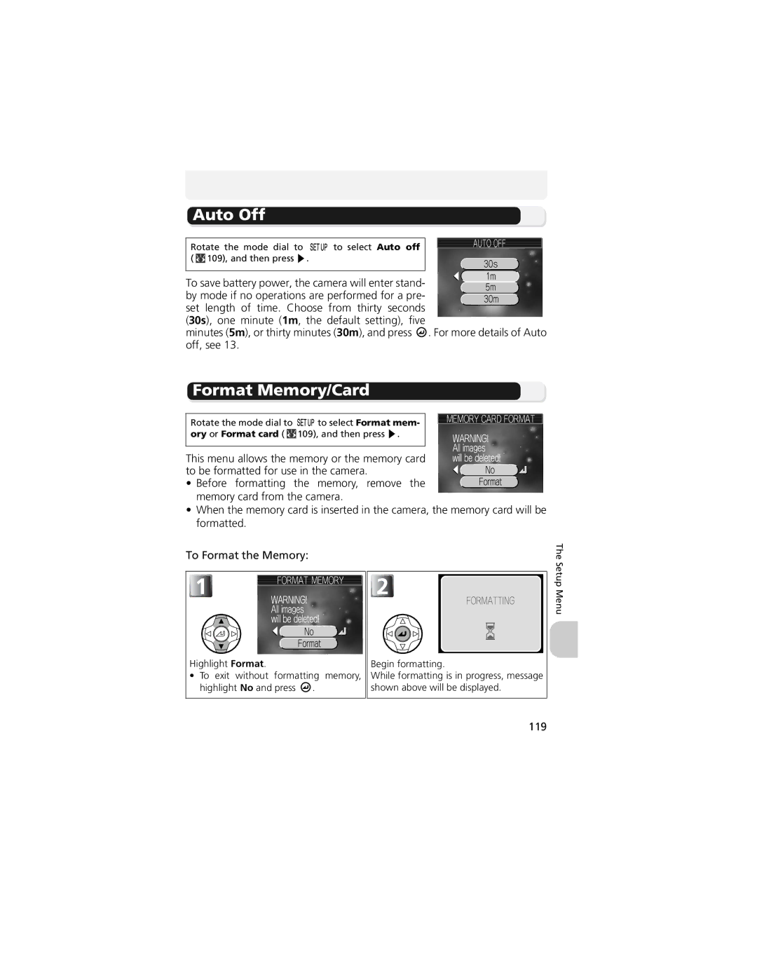 Nikon CP4200 manual Auto Off, Format Memory/Card, To save battery power, the camera will enter stand, 119 