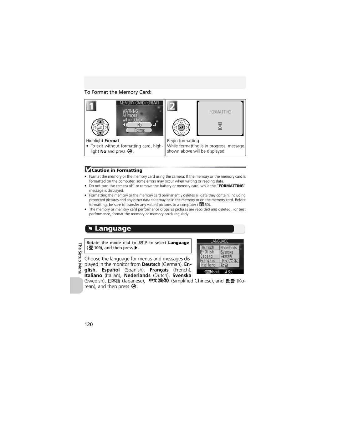 Nikon CP4200 manual Language, To Format the Memory Card 