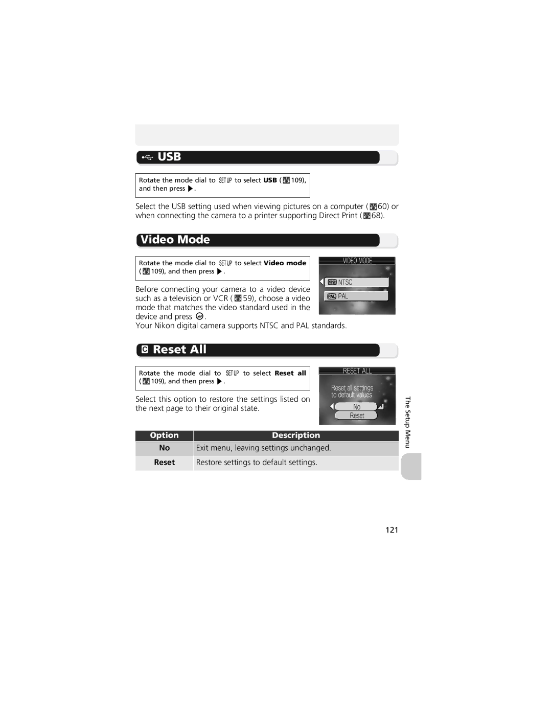Nikon CP4200 manual Video Mode, Reset All, Option Description Exit menu, leaving settings unchanged 