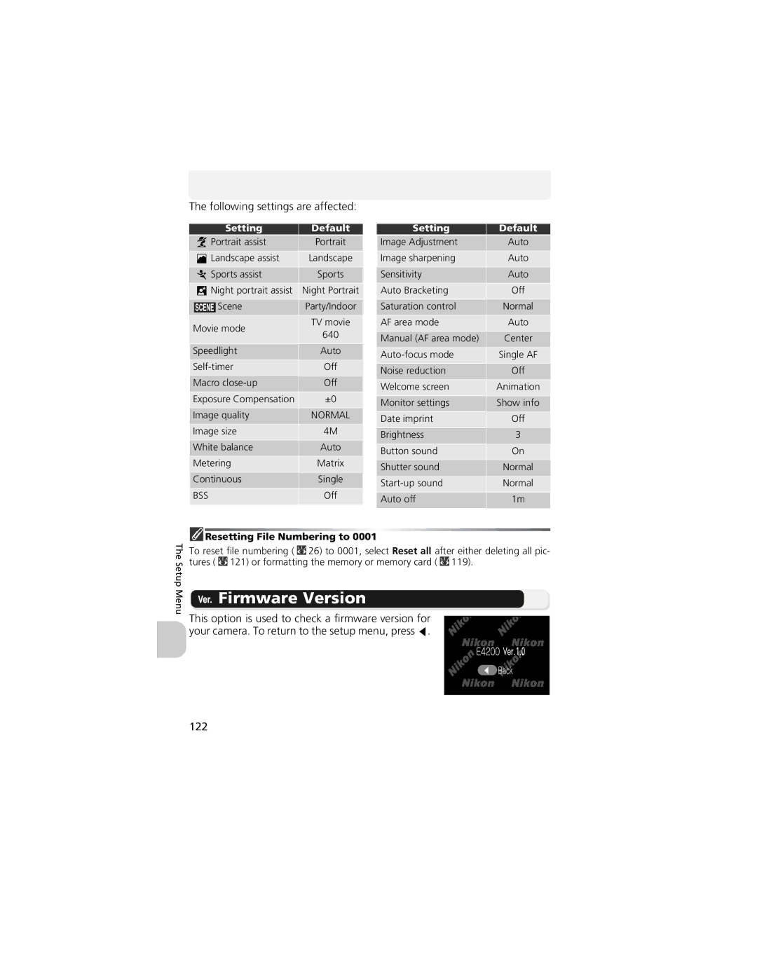 Nikon CP4200 manual Firmware Version, Following settings are affected, 122, Resetting File Numbering to 