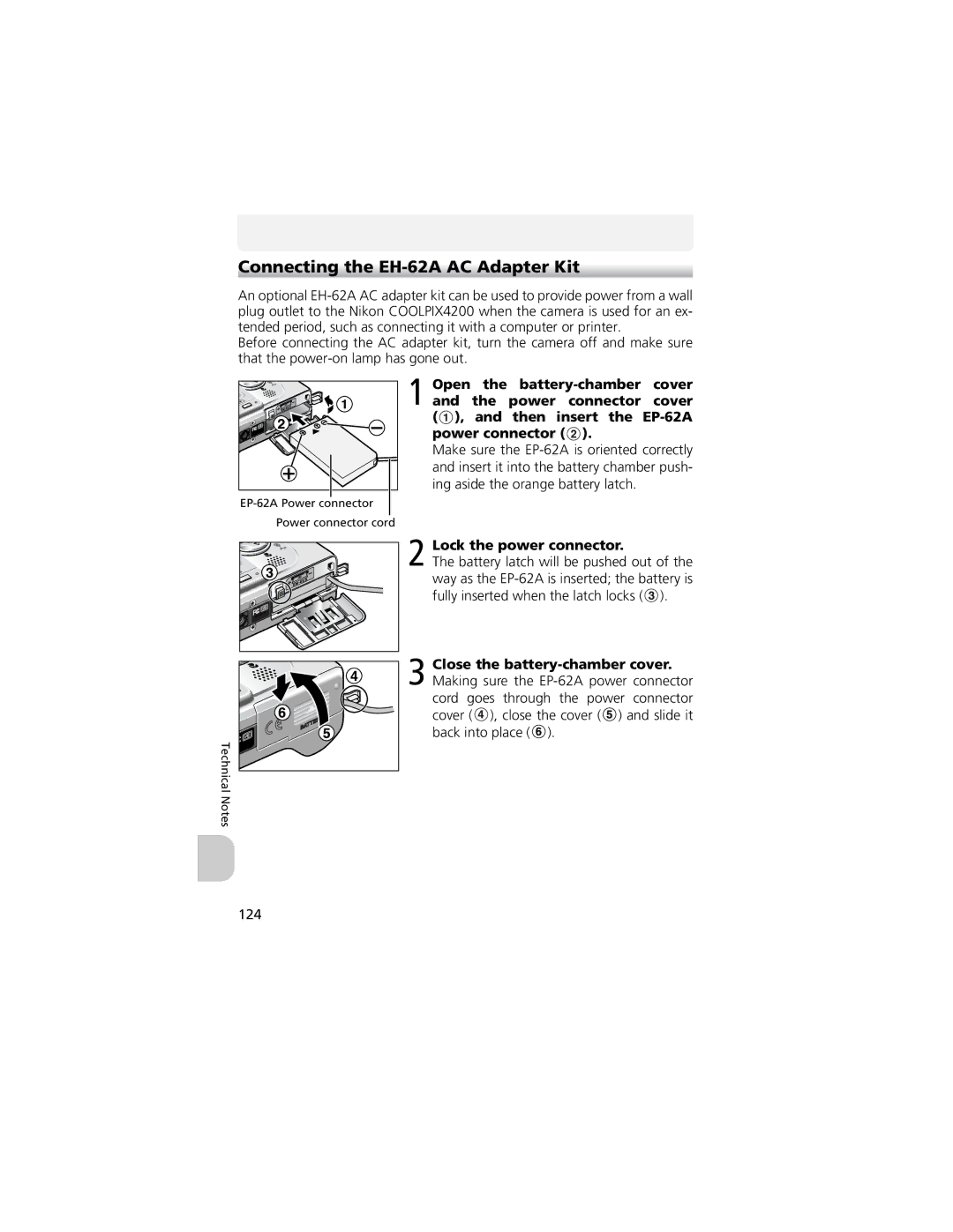 Nikon CP4200 manual Connecting the EH-62A AC Adapter Kit, Lock the power connector, 124 