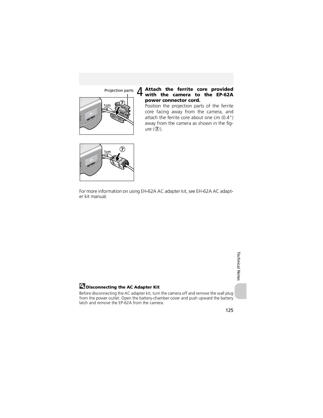 Nikon CP4200 manual 125, Disconnecting the AC Adapter Kit 