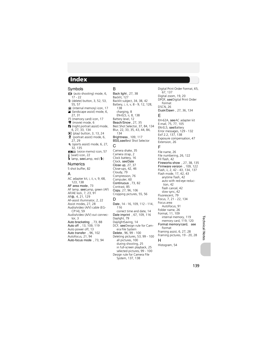 Nikon CP4200 manual Index, Symbols, Numerics, 139 