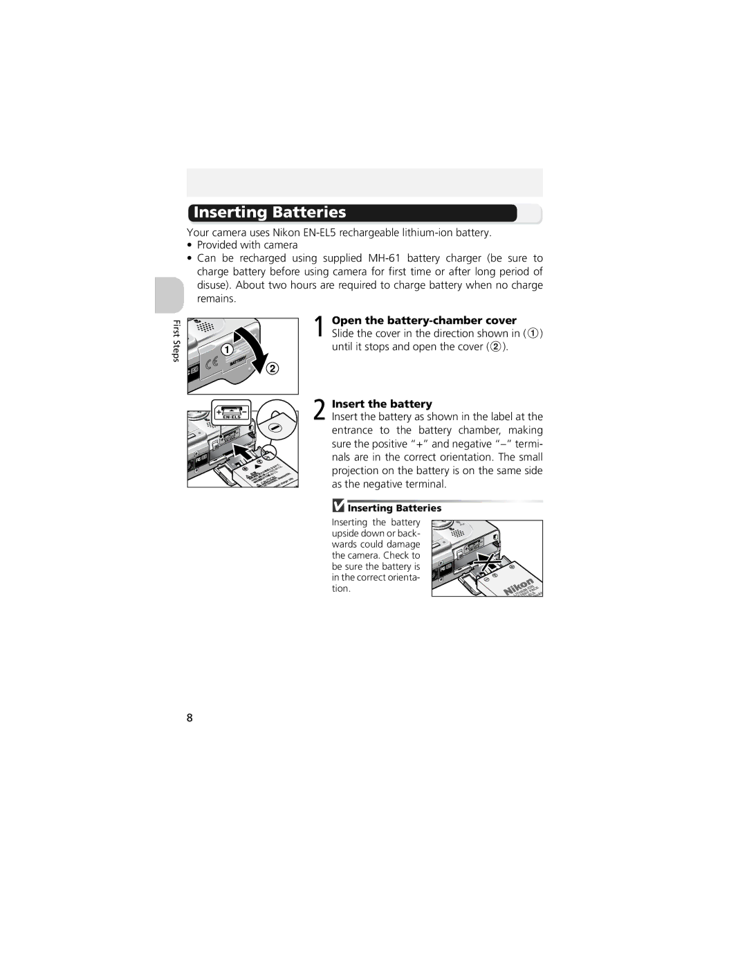 Nikon CP4200 manual Inserting Batteries 