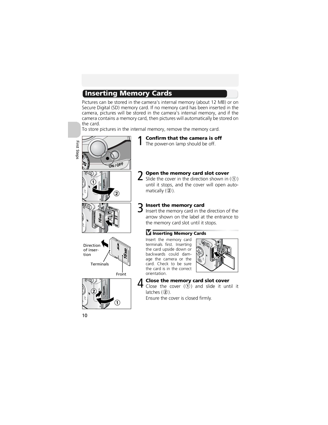 Nikon CP4200 Inserting Memory Cards, Confirm that the camera is off, Power-on lamp should be off, Insert the memory card 