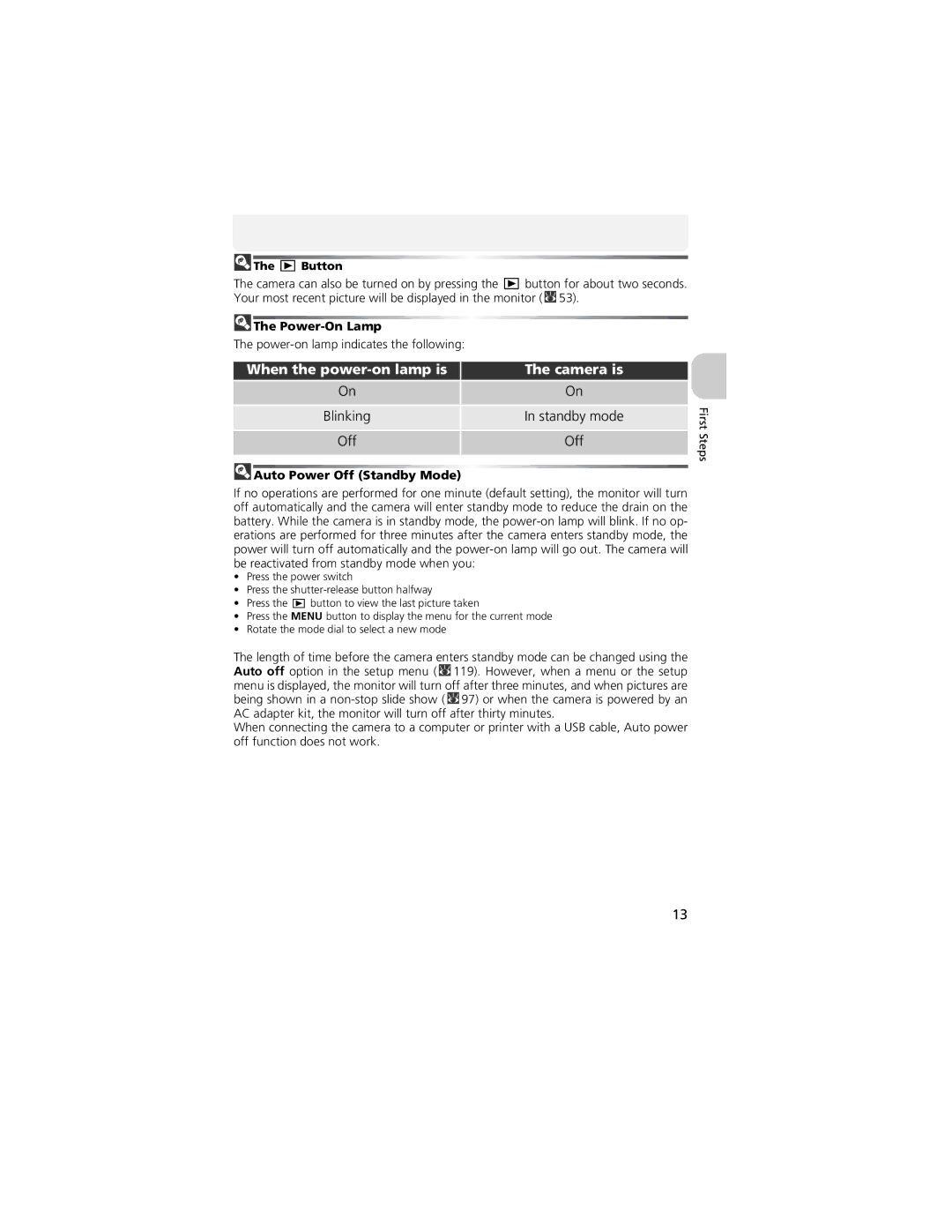 Nikon CP4200 manual When the power-on lamp is Camera is, Power-On Lamp, Auto Power Off Standby Mode 