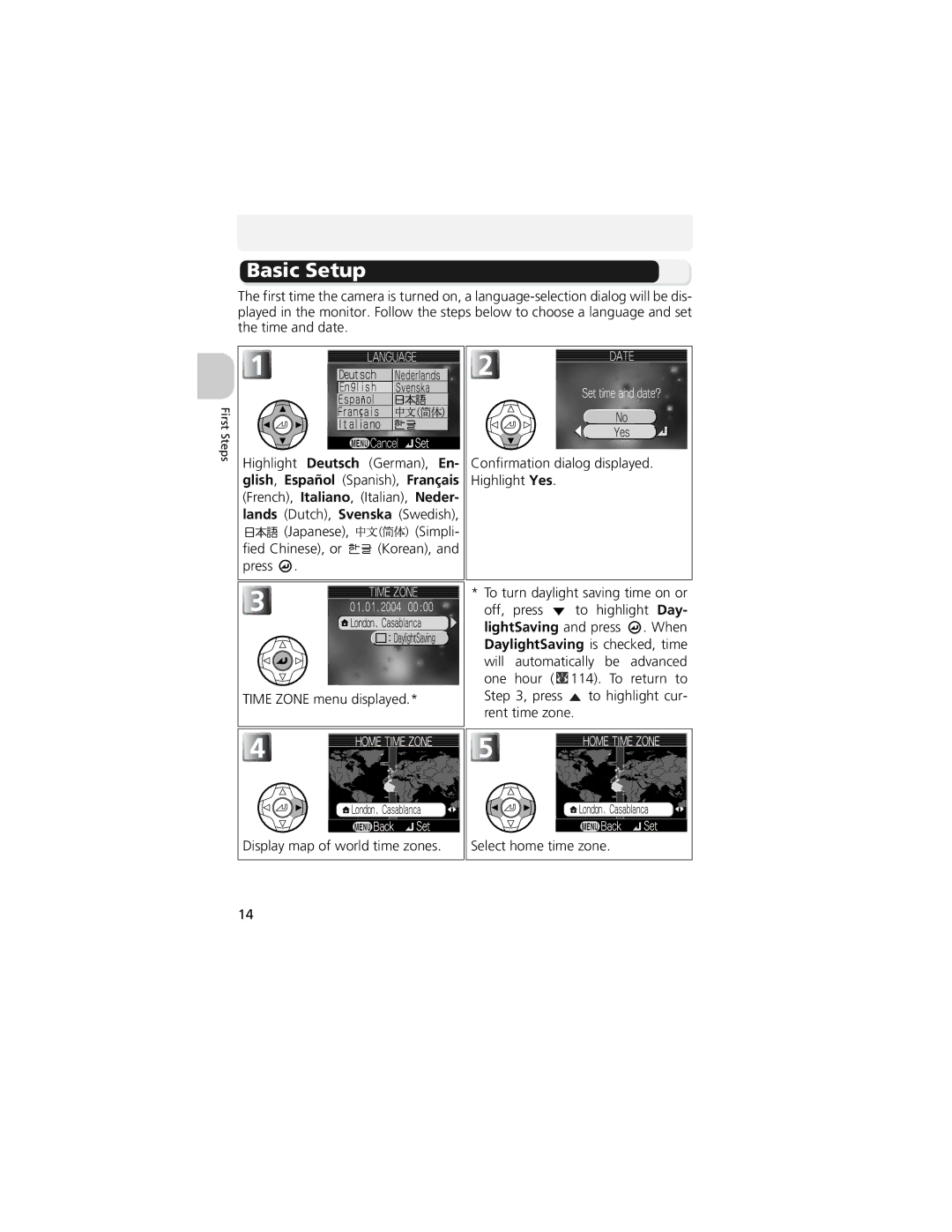 Nikon CP4200 manual Basic Setup, Fied Chinese, or Korean, and press, Highlight Yes 