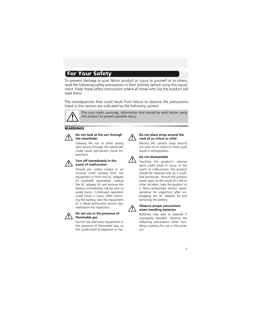 Nikon CP4200 manual For Your Safety, Do not look at the sun through the viewfinder 