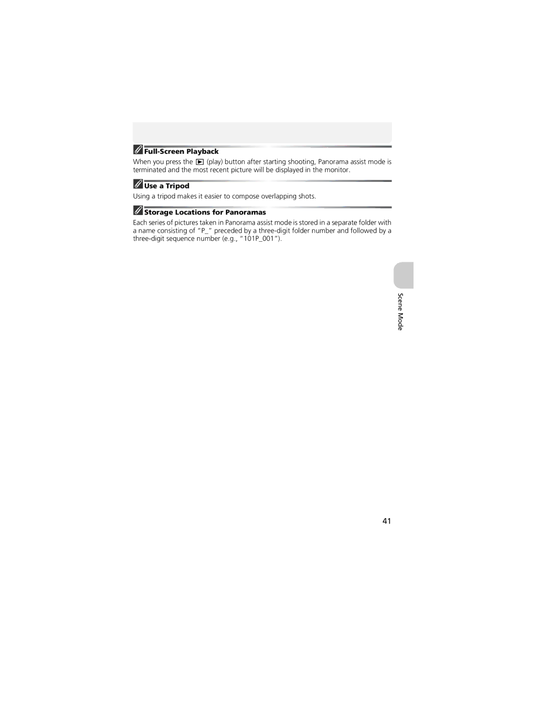 Nikon CP4200 manual Full-Screen Playback, Use a Tripod, Storage Locations for Panoramas 