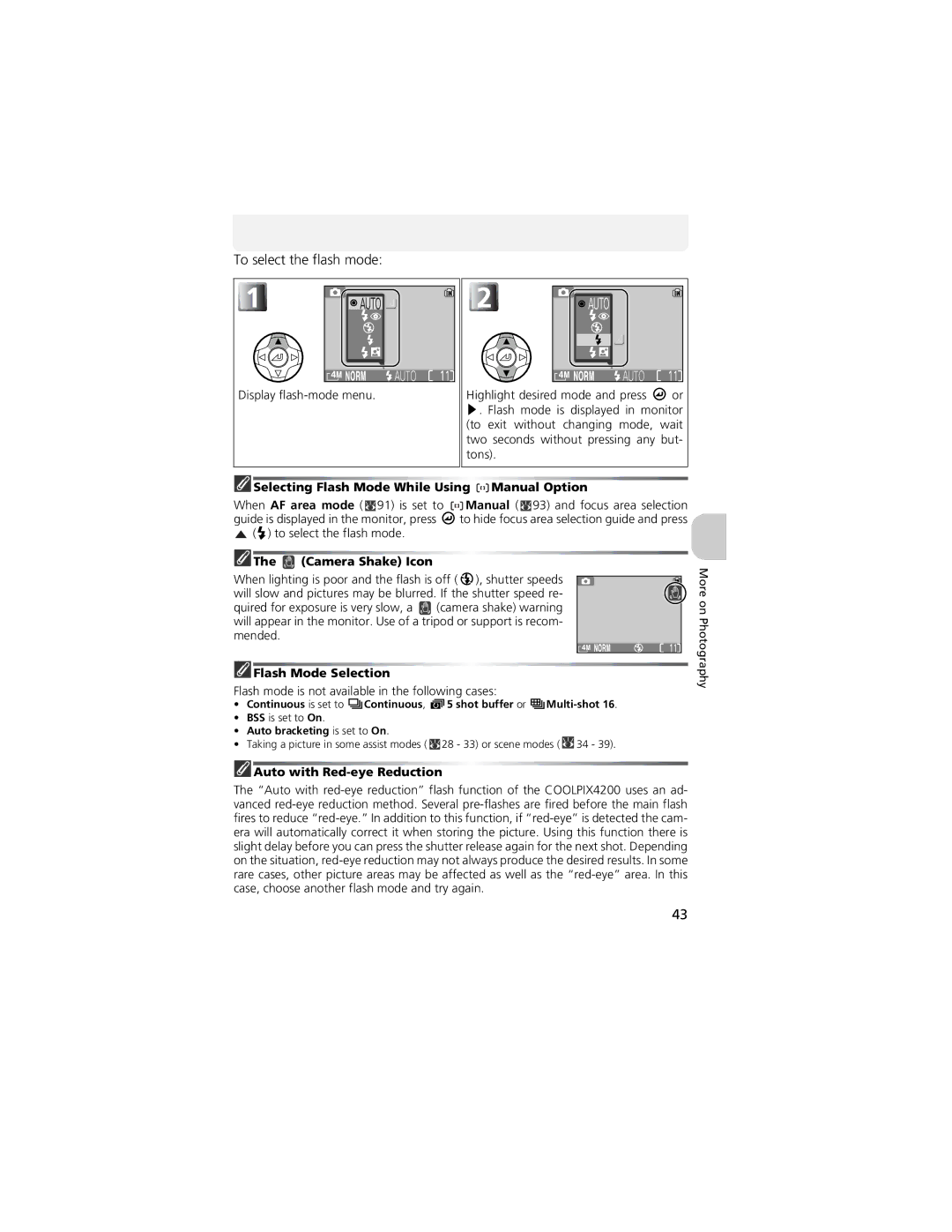 Nikon CP4200 manual To select the flash mode, Selecting Flash Mode While Using Manual Option, Flash Mode Selection 