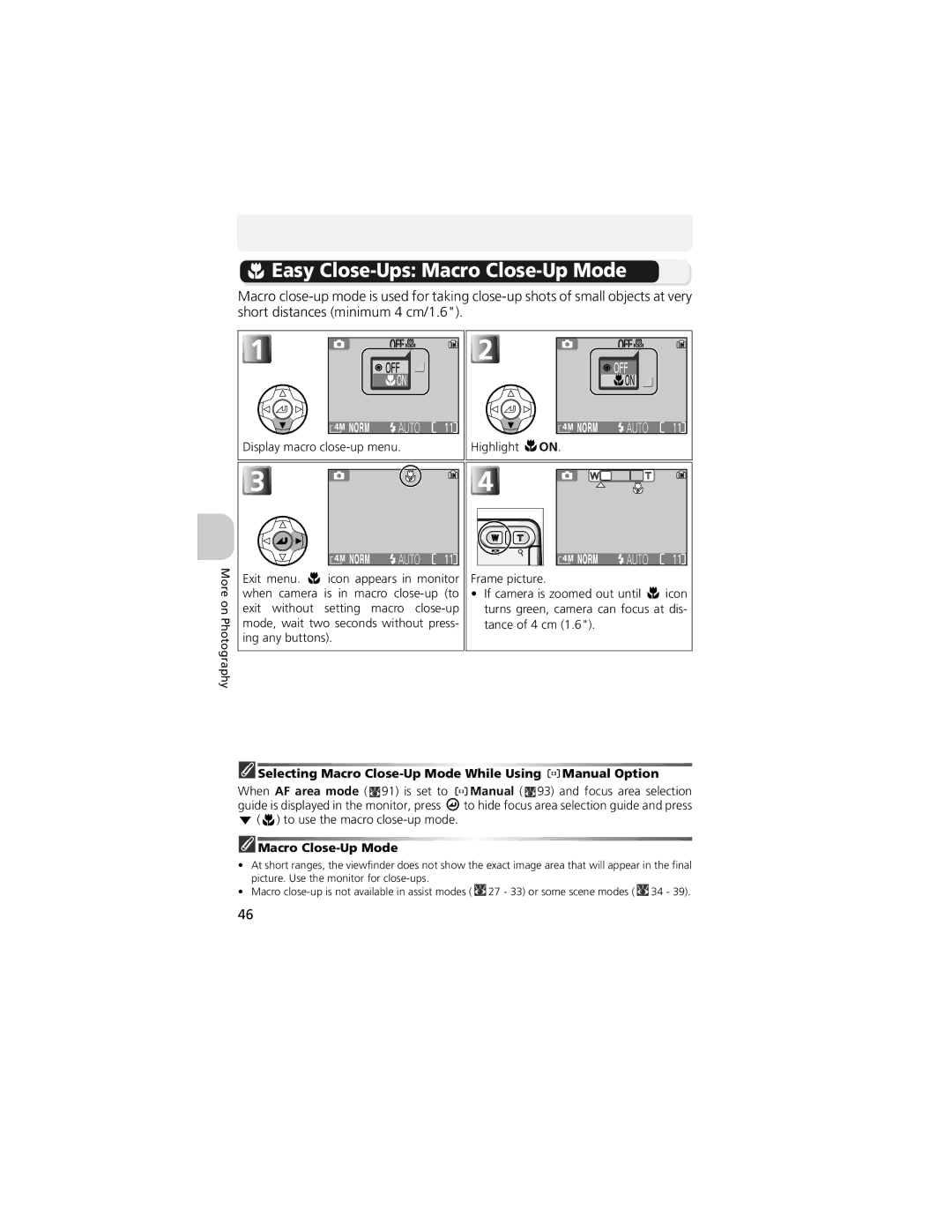 Nikon CP4200 manual Easy Close-Ups Macro Close-Up Mode, Selecting Macro Close-Up Mode While Using Manual Option 