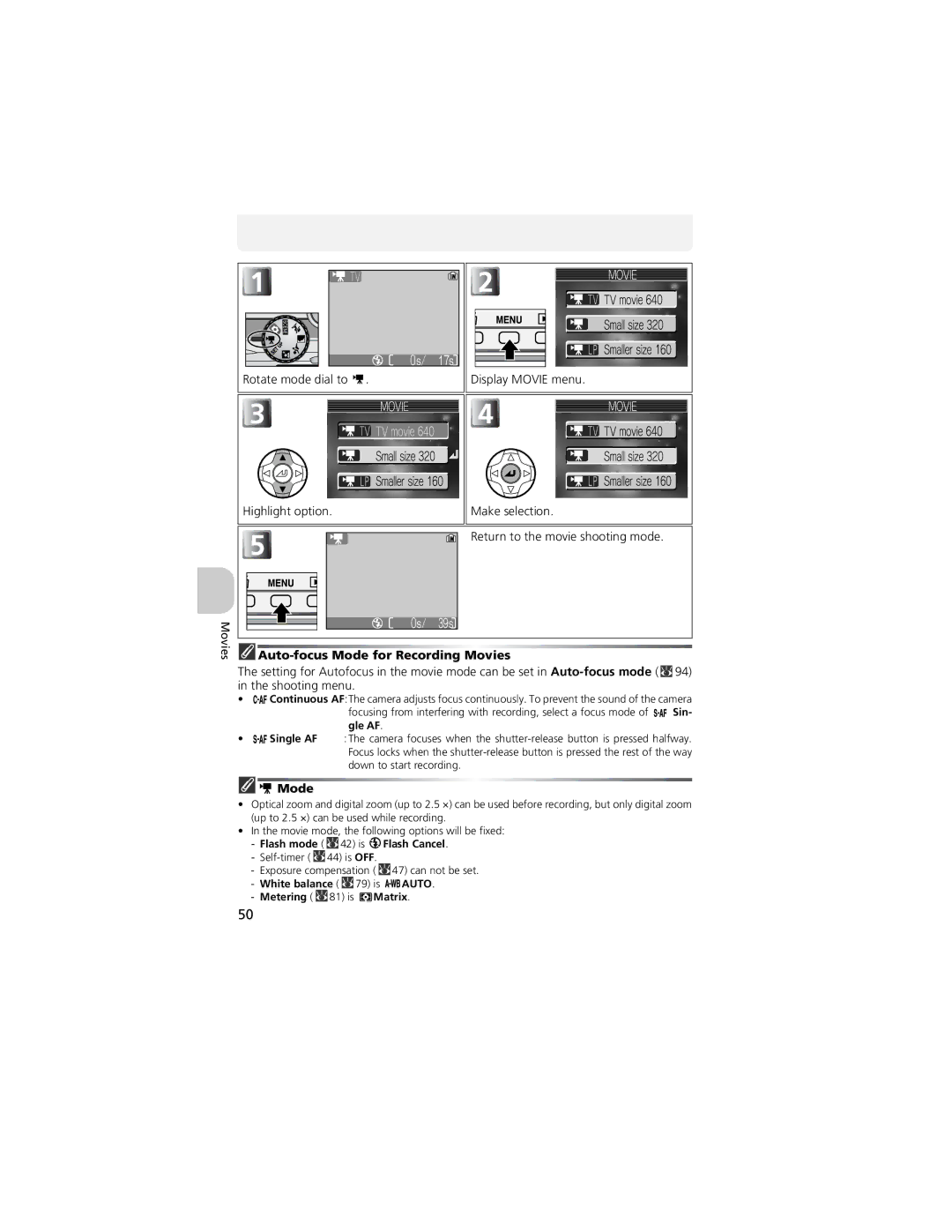 Nikon CP4200 manual Auto-focus Mode for Recording Movies 