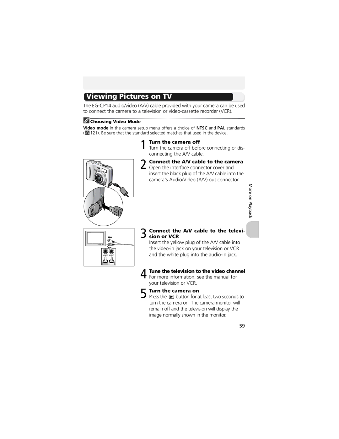 Nikon CP4200 manual Viewing Pictures on TV, Connect the A/V cable to the televi- sion or VCR, Choosing Video Mode 