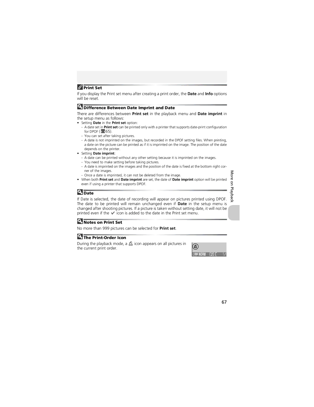 Nikon CP4200 manual Print Set, Difference Between Date Imprint and Date, Print-Order Icon 