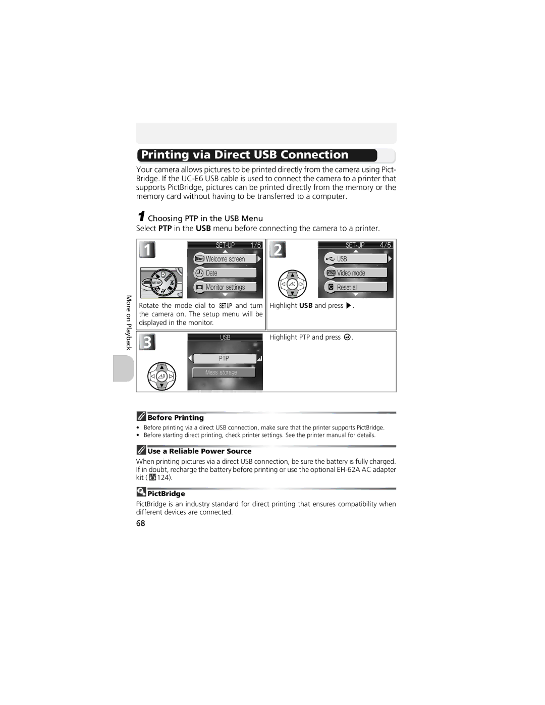 Nikon CP4200 manual Printing via Direct USB Connection, Before Printing, Use a Reliable Power Source, PictBridge 