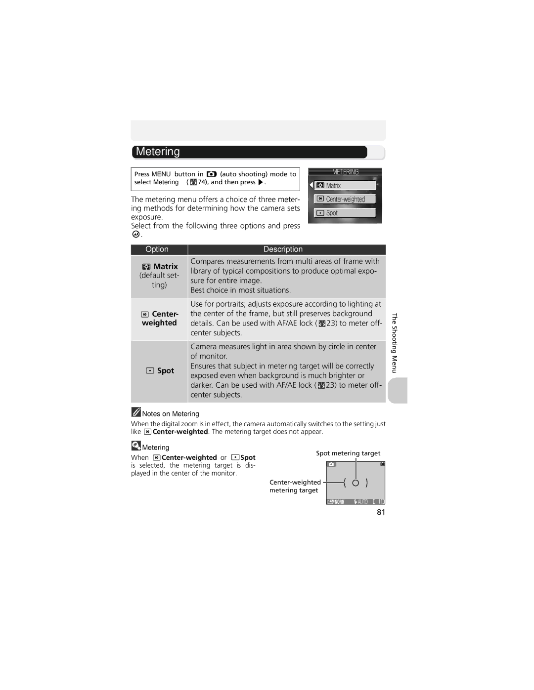 Nikon CP4200 manual Metering, Matrix, Sure for entire image, Best choice in most situations, Spot 