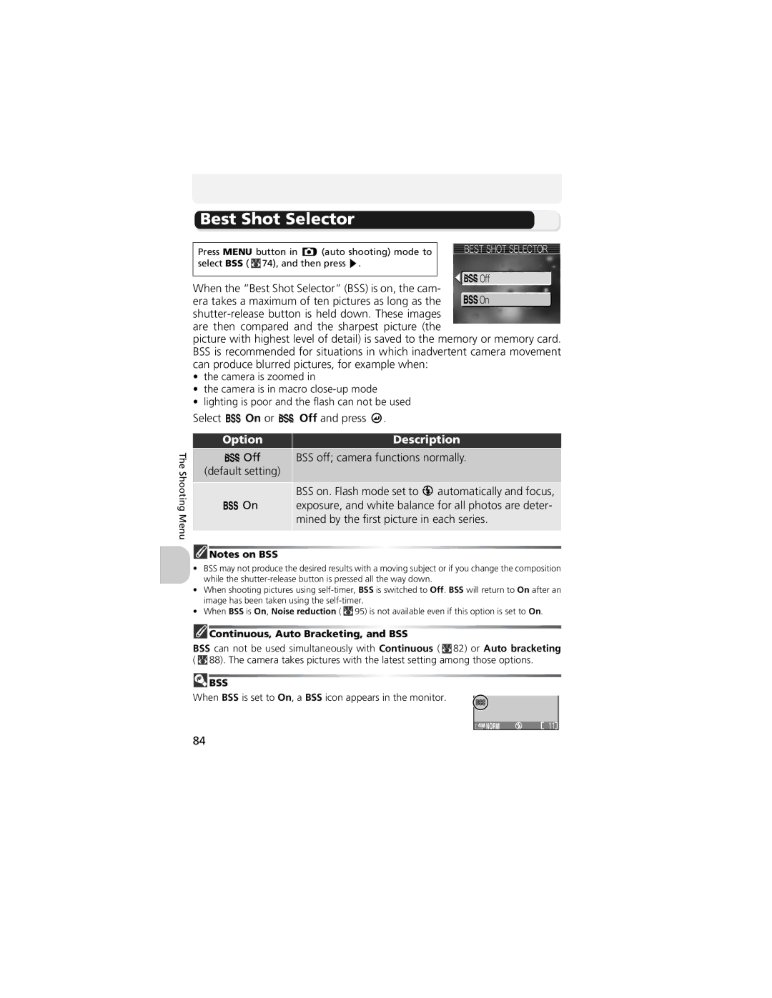 Nikon CP4200 manual When the Best Shot Selector BSS is on, the cam, Select On or Off and press 