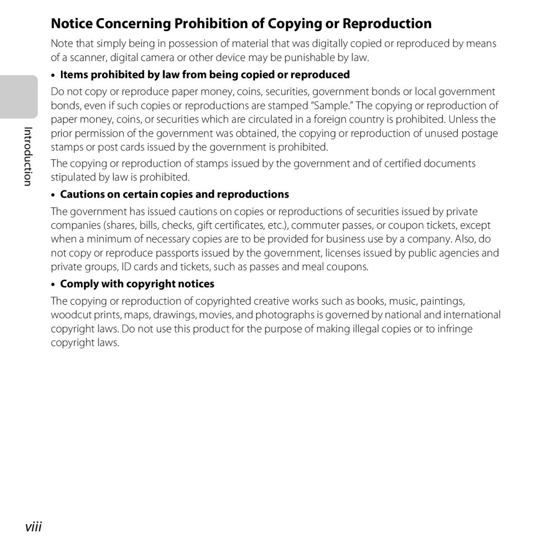 Nikon L28 Red, CT3A03 11 manual Viii, Items prohibited by law from being copied or reproduced, Comply with copyright notices 