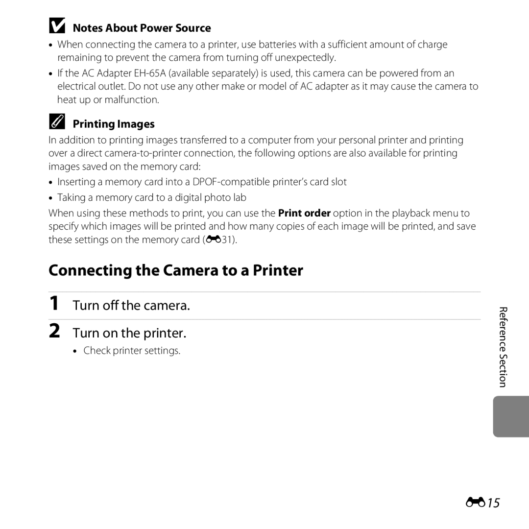 Nikon CT3A03 11, L28 Connecting the Camera to a Printer, Turn off the camera Turn on the printer, E15, Printing Images 