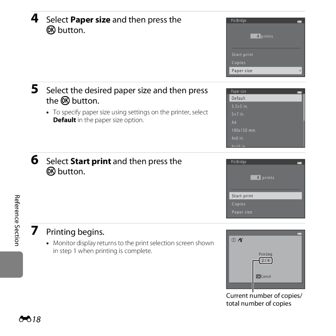 Nikon L28 Red Select Paper size and then press the kbutton, Select the desired paper size and then press the kbutton, E18 