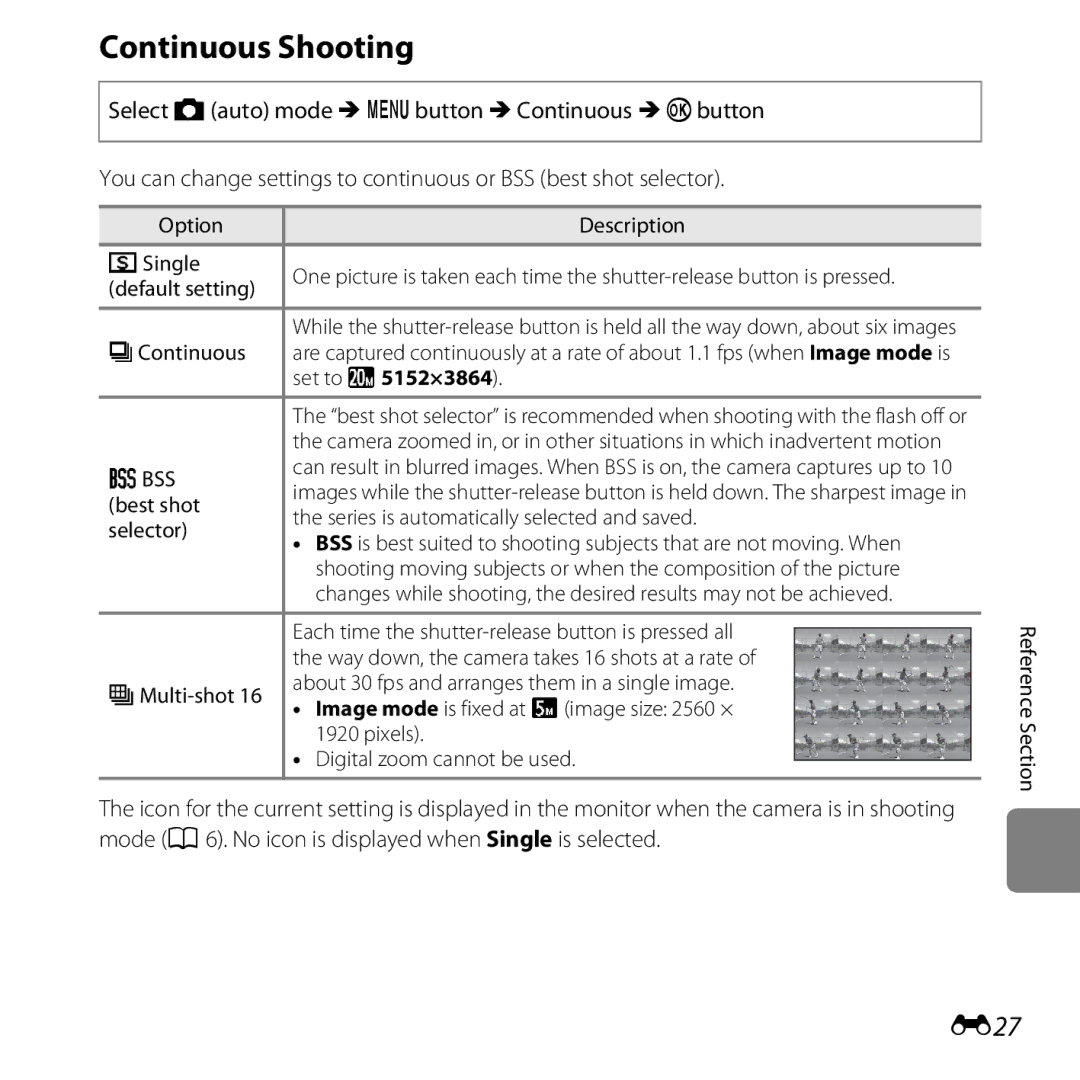 Nikon COOLPIXL28BLK, CT3A03 11, L28 Black, L28 Red, COOLPIXL28SIL, 6MN15911 03 manual Continuous Shooting, E27 