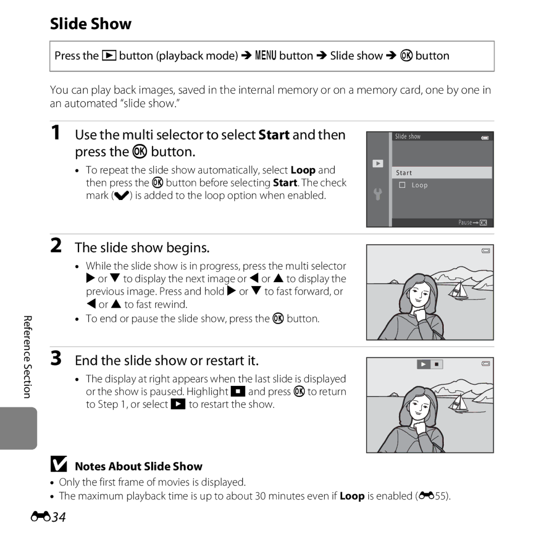 Nikon COOLPIXL28BLK, CT3A03 11, L28 Black, L28 Red manual Slide Show, Slide show begins, End the slide show or restart it, E34 
