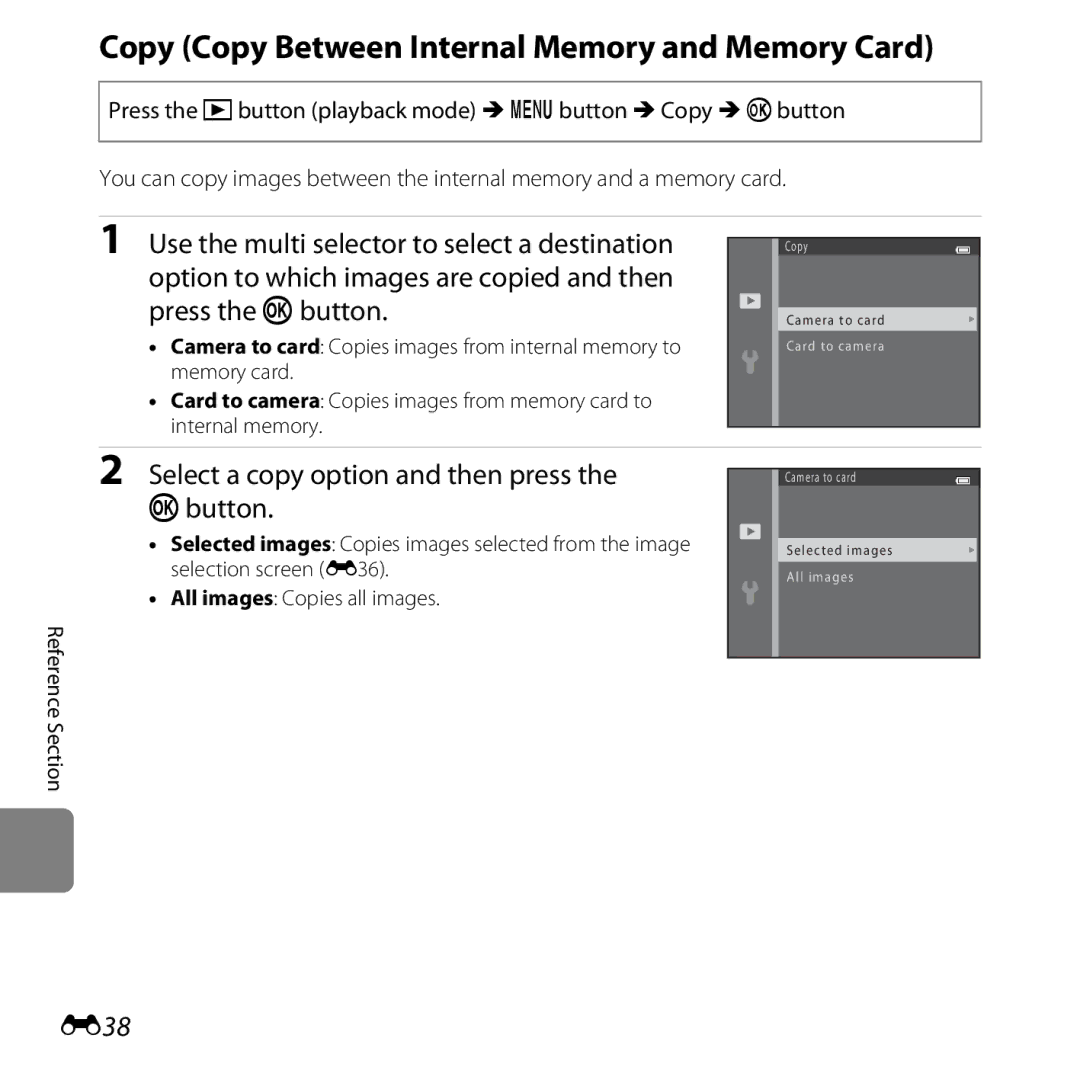 Nikon L28 Black Copy Copy Between Internal Memory and Memory Card, Select a copy option and then press the kbutton, E38 