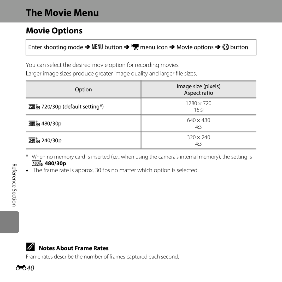 Nikon COOLPIXL28SIL, CT3A03 11, L28 Black, L28 Red, COOLPIXL28BLK, 6MN15911 03 manual Movie Menu, Movie Options, E40 