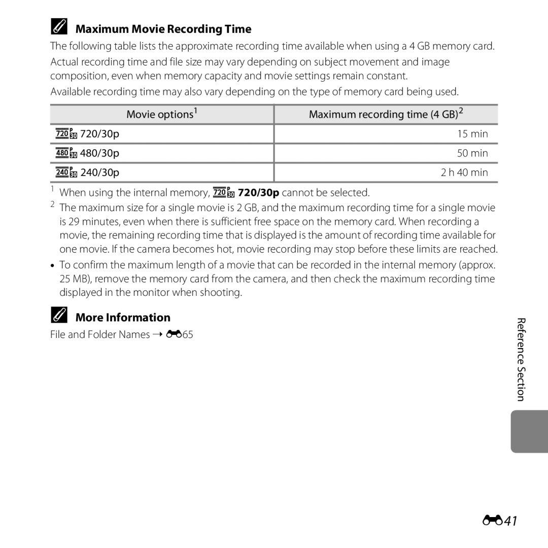 Nikon COOLPIXL28BLK, CT3A03 11, L28 Black, L28 Red, COOLPIXL28SIL, 6MN15911 03 manual E41, Maximum Movie Recording Time 