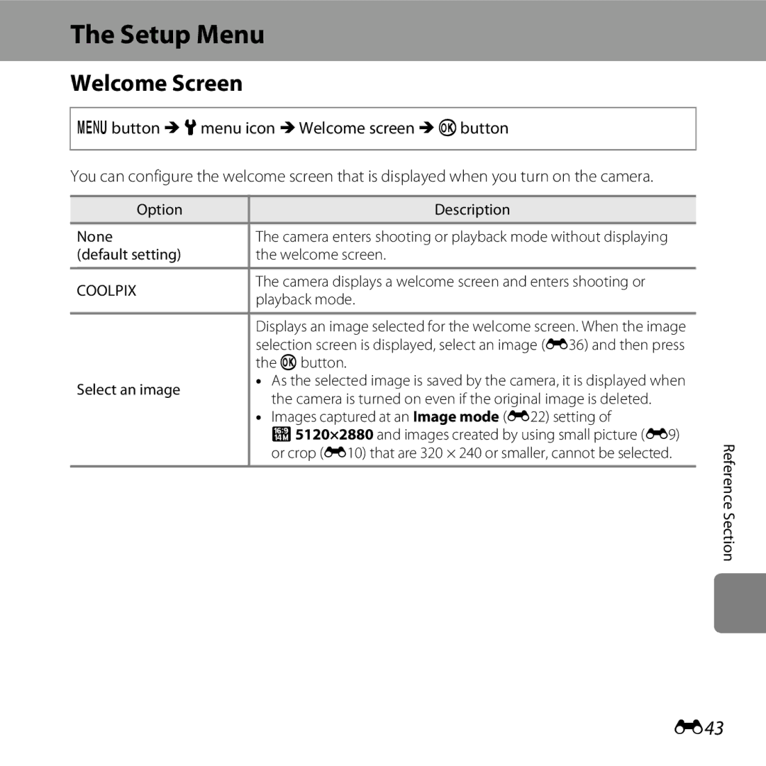 Nikon CT3A03 11, L28 Black, L28 Red, COOLPIXL28SIL, COOLPIXL28BLK, 6MN15911 03 manual Setup Menu, Welcome Screen, E43 