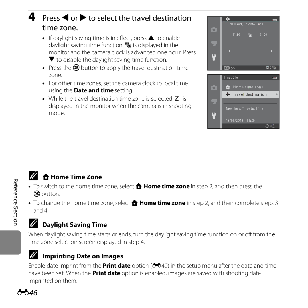 Nikon L28 Red, CT3A03 11 Press Jor Kto select the travel destination time zone, E46, WHome Time Zone, Daylight Saving Time 