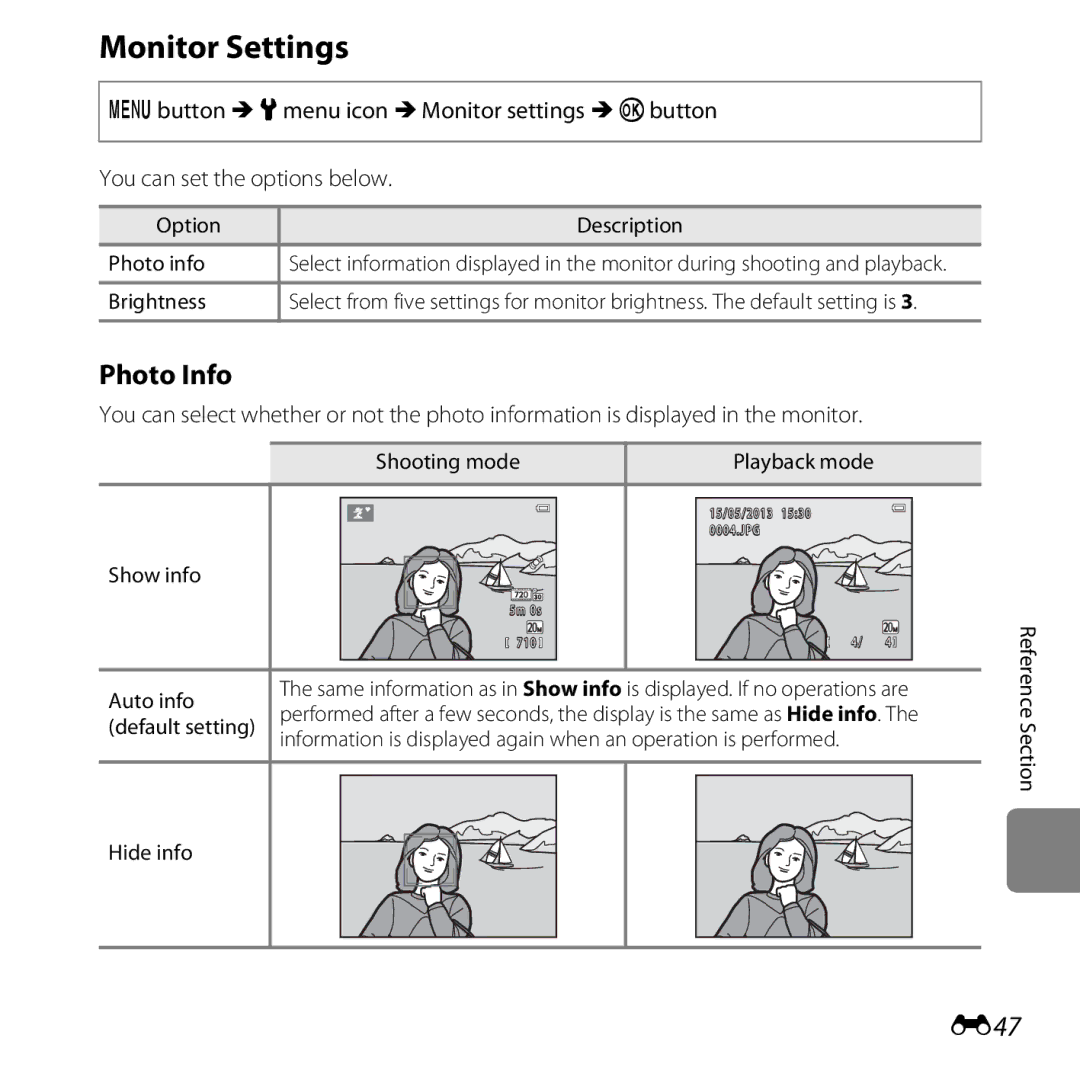 Nikon COOLPIXL28SIL, CT3A03 11, L28 Black, L28 Red, COOLPIXL28BLK, 6MN15911 03 manual Monitor Settings, Photo Info, E47 